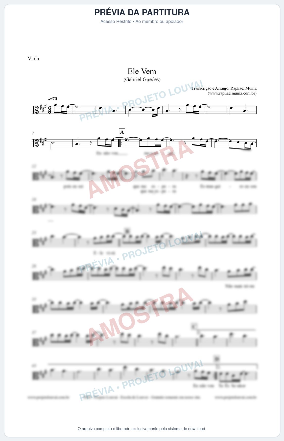 Prévia protegida da primeira página da partitura Partitura para Viola - Ele Vem (Tom A) - Gabriel Guedes