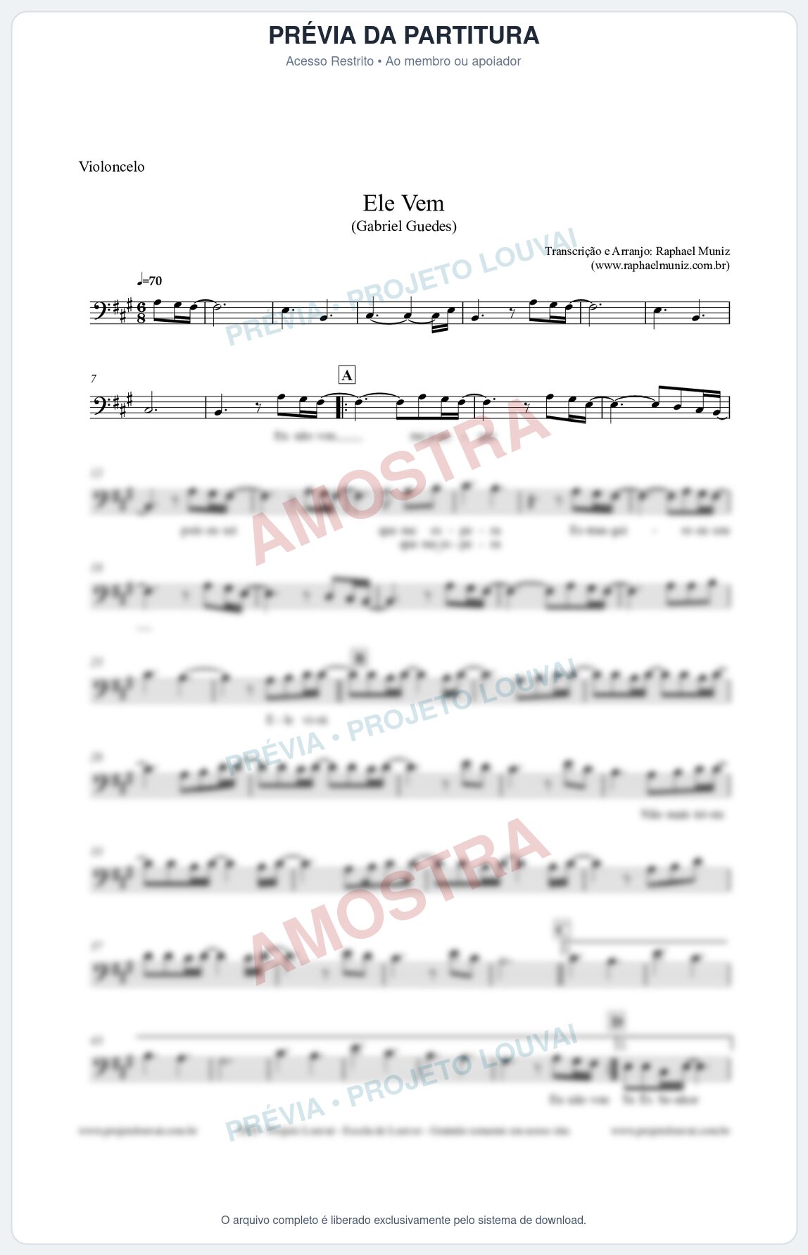 Prévia protegida da primeira página da partitura Partitura para Violoncelo - Ele Vem (Tom A) - Gabriel Guedes