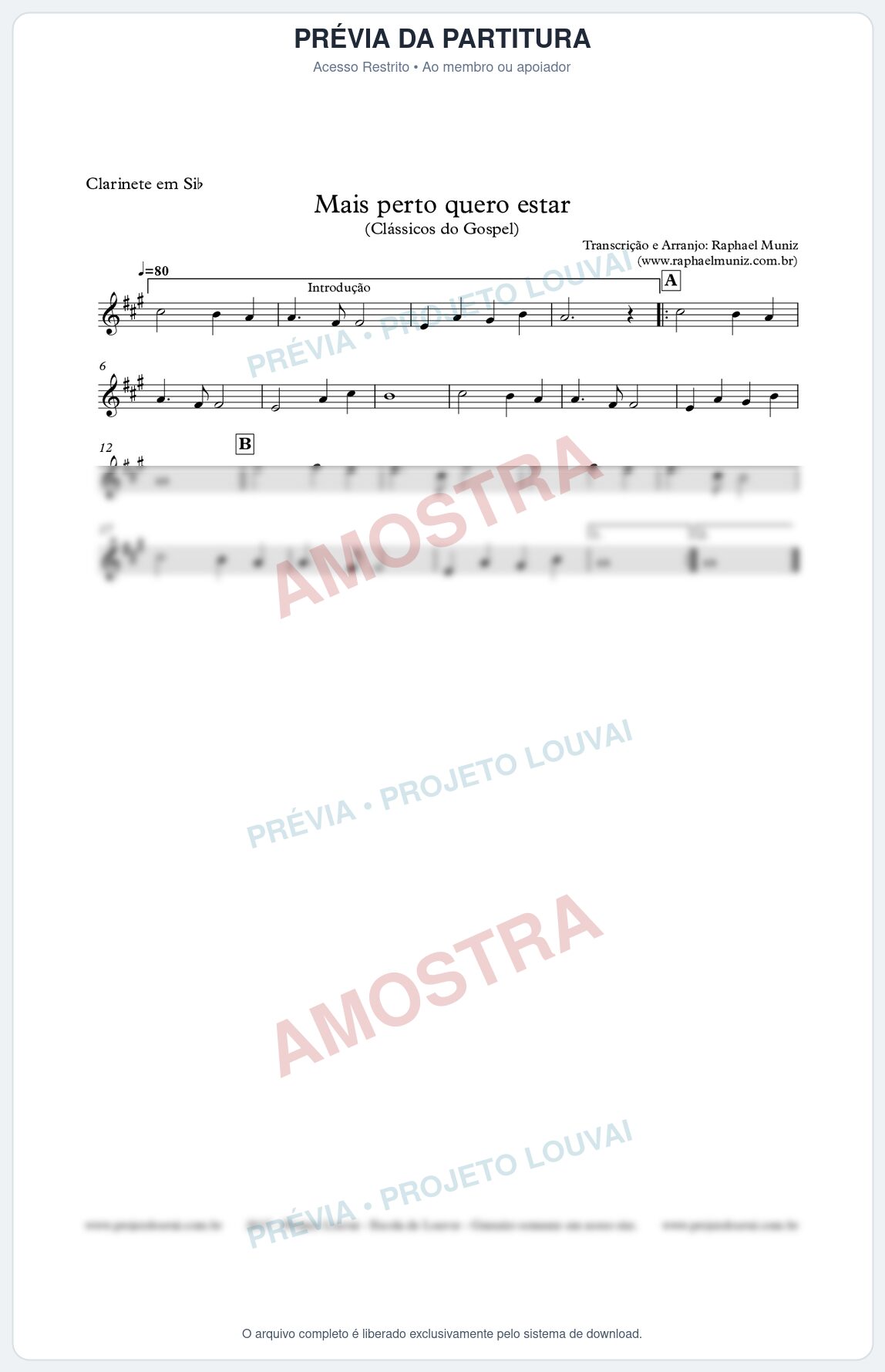 Prévia protegida da primeira página da partitura Partitura para Clarinete - Mais perto quero estar - Clássicos do Gospel