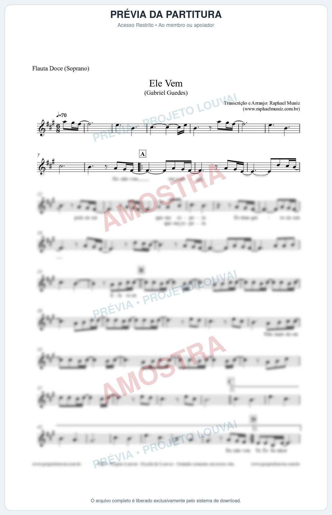 Prévia protegida da primeira página da partitura Partitura para Flauta Doce (Soprano) - Ele Vem (Tom A) - Gabriel Guedes