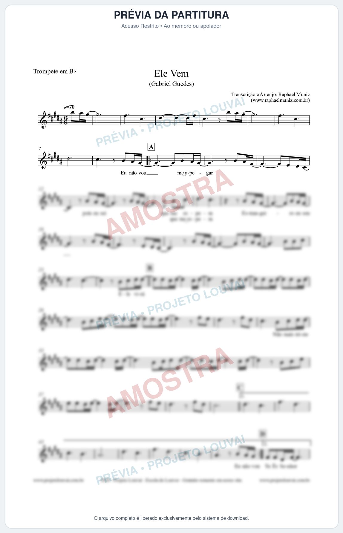 Prévia protegida da primeira página da partitura Partitura para Trompete em Bb - Ele Vem (Tom A) - Gabriel Guedes