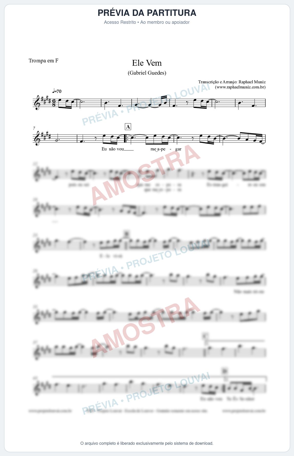 Prévia protegida da primeira página da partitura Partitura para Trompa em F - Ele Vem (Tom A) - Gabriel Guedes