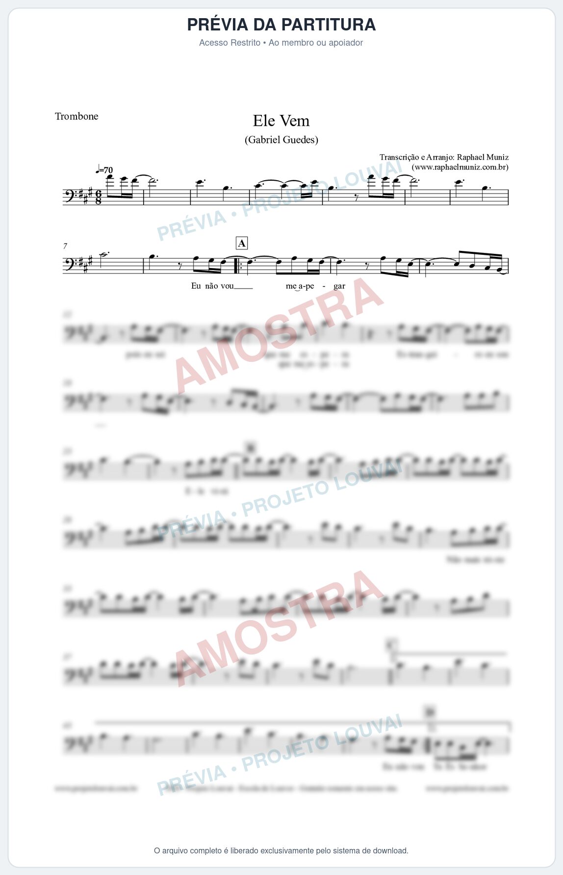 Prévia protegida da primeira página da partitura Partitura para Trombone - Ele Vem (Tom A) - Gabriel Guedes