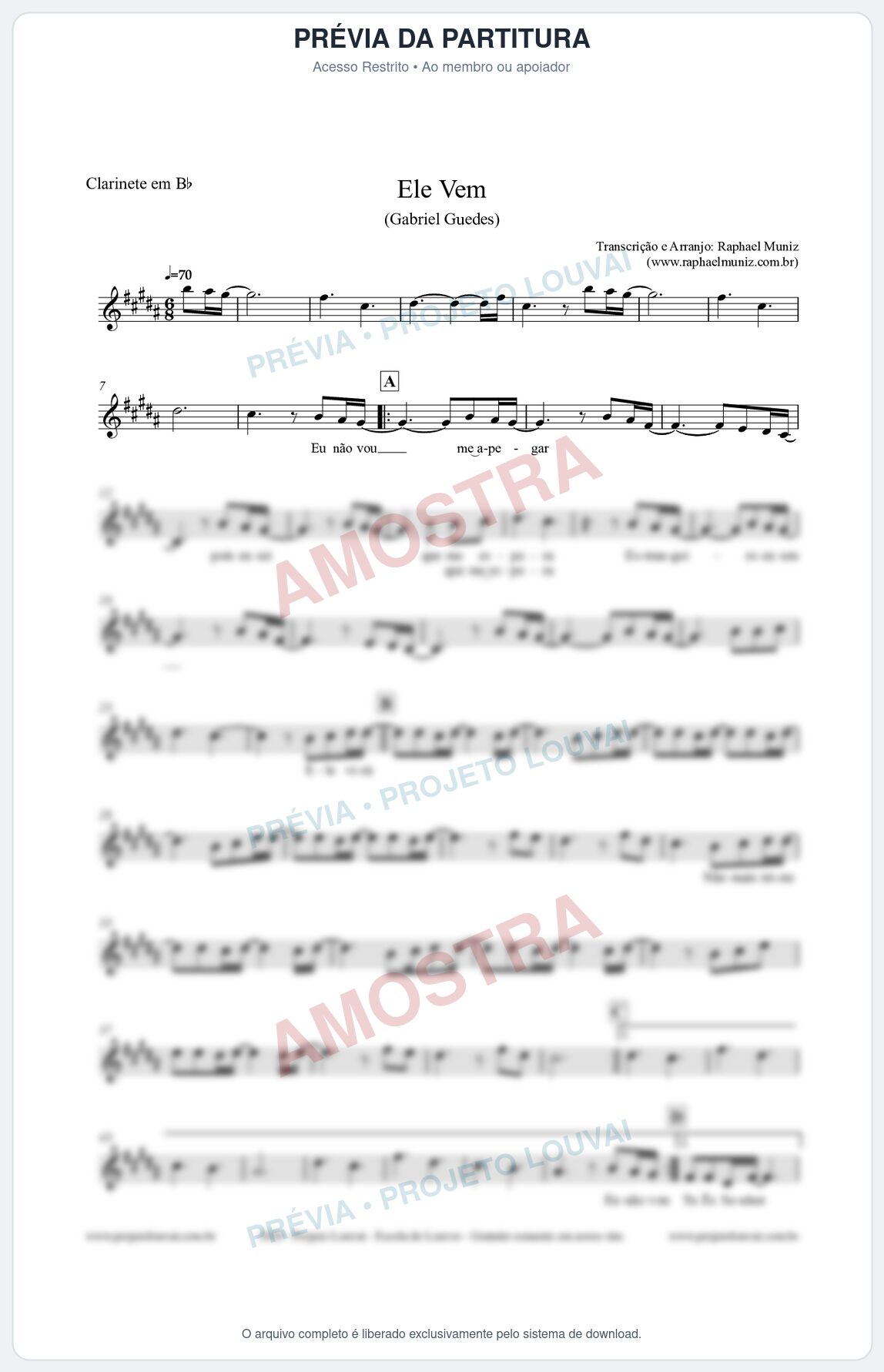Prévia protegida da primeira página da partitura Partitura para Clarinete em Bb - Ele Vem (Tom A) - Gabriel Guedes