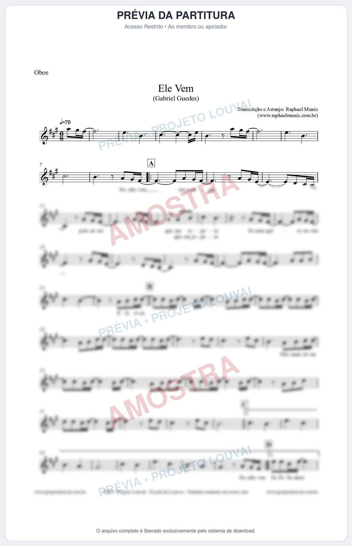 Prévia protegida da primeira página da partitura Partitura para Oboé - Ele Vem (Tom A) - Gabriel Guedes