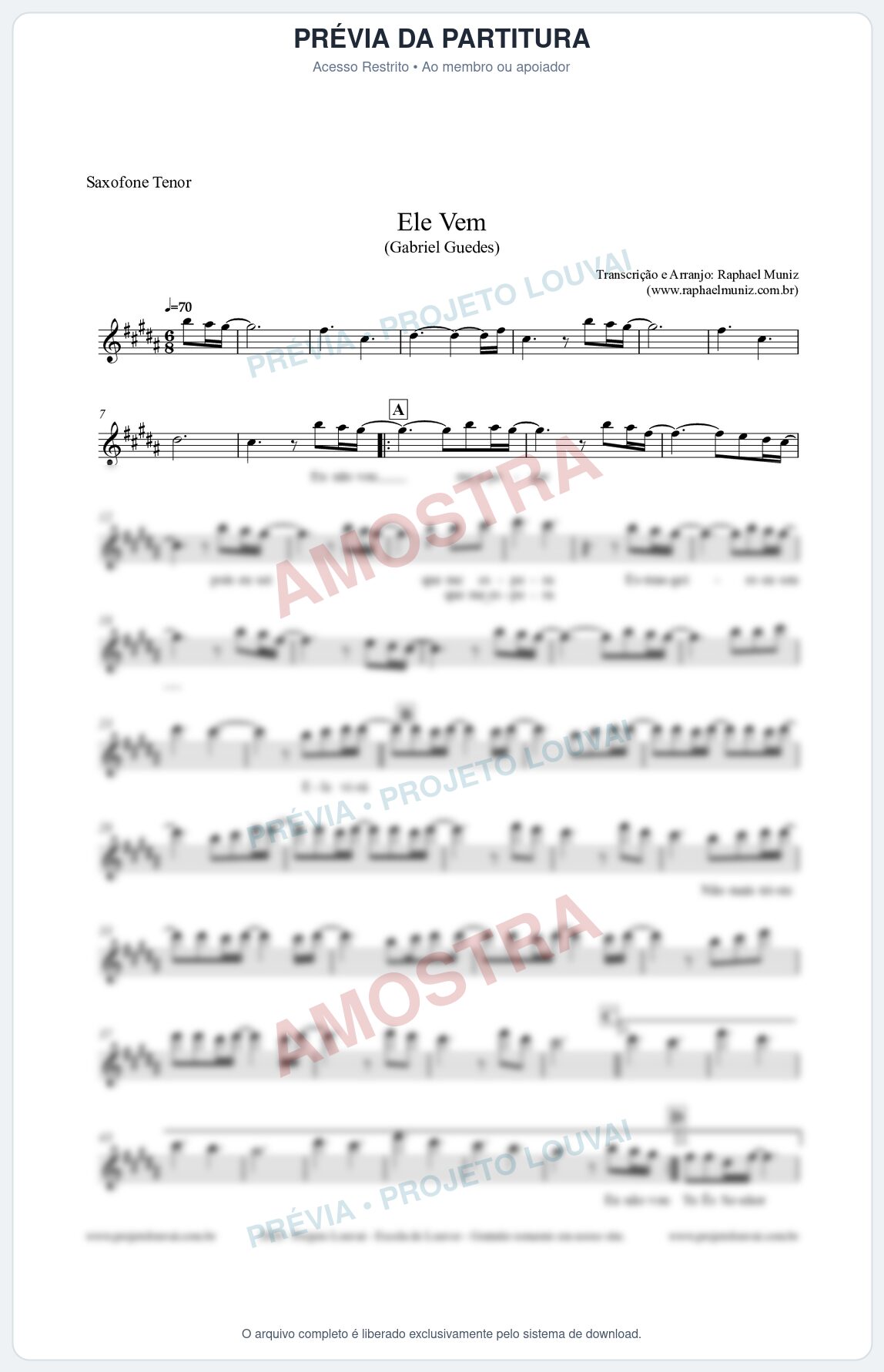 Prévia protegida da primeira página da partitura Partitura para Saxofone Tenor - Ele Vem (Tom A) - Gabriel Guedes