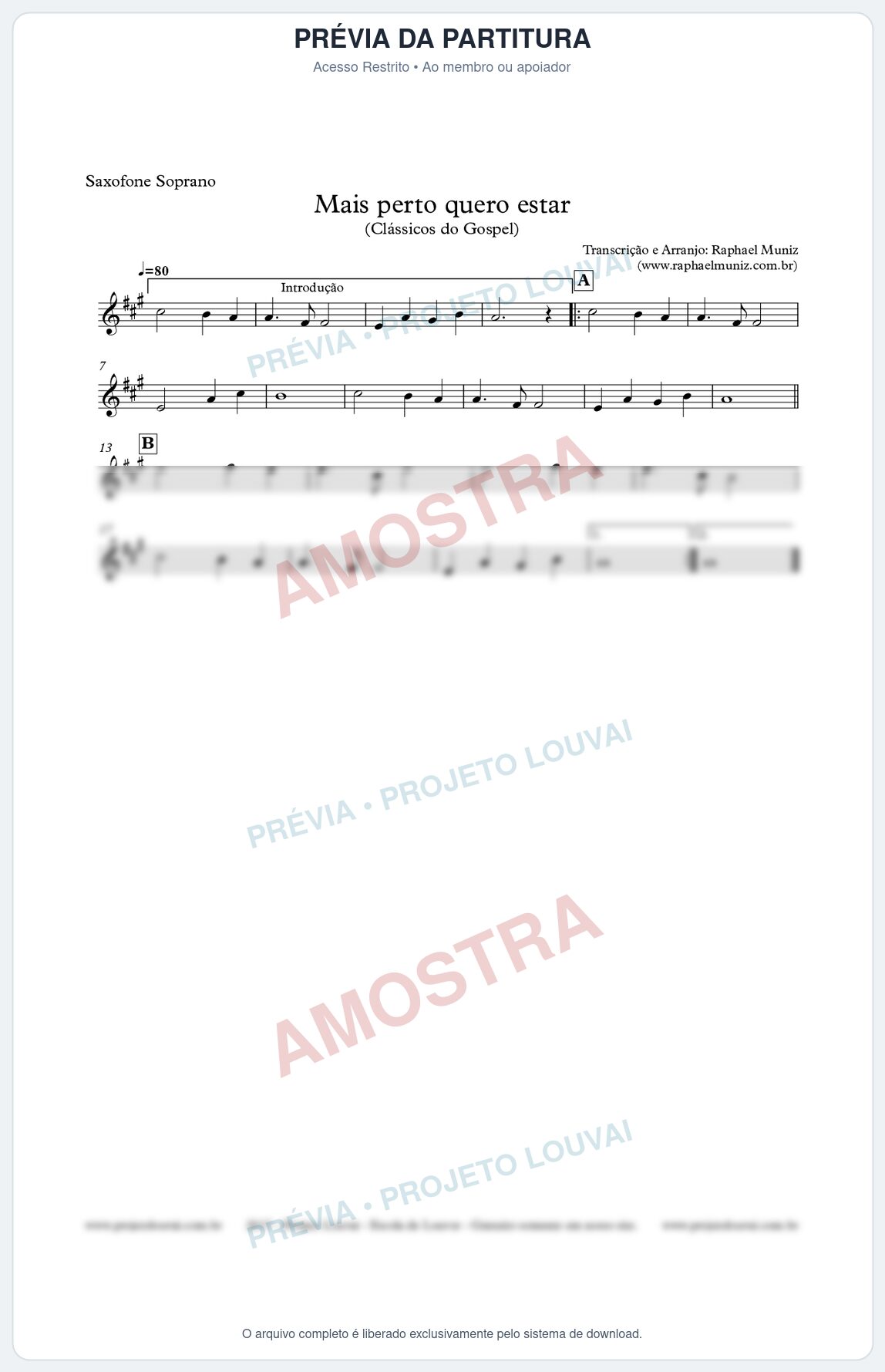 Prévia protegida da primeira página da partitura Partitura para Sax Soprano - Mais perto quero estar - Clássicos do Gospel
