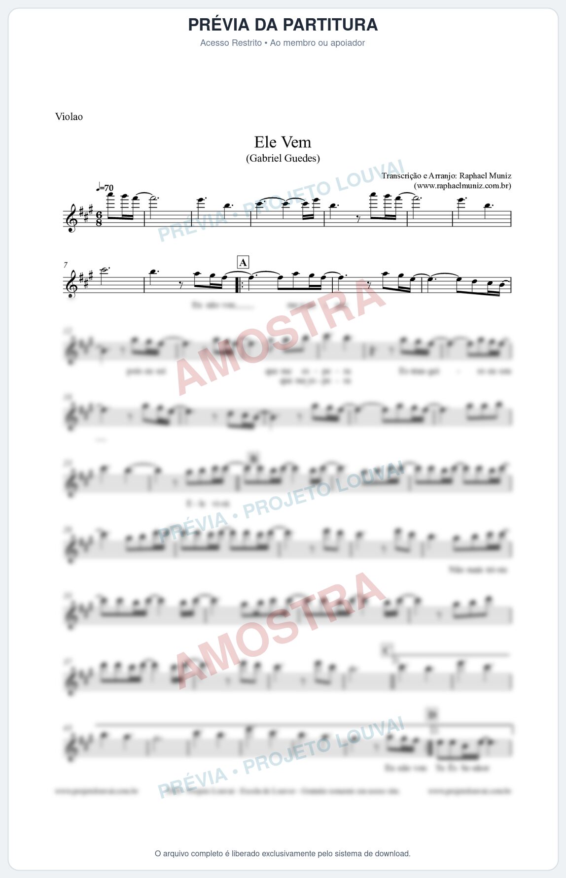 Prévia protegida da primeira página da partitura Partitura para Violão - Ele Vem (Tom A) - Gabriel Guedes