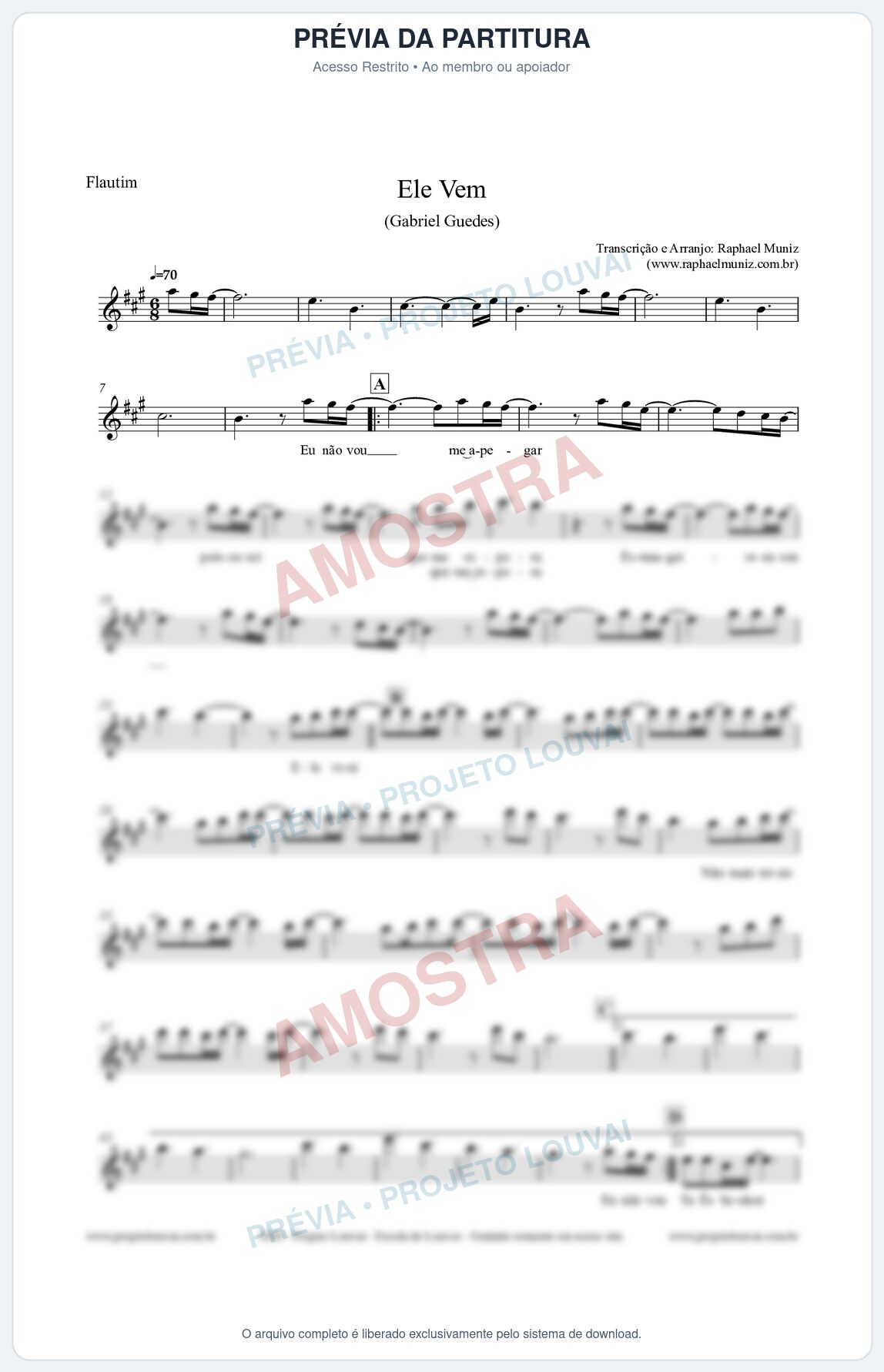 Prévia protegida da primeira página da partitura Partitura para Flautim - Ele Vem (Tom A) - Gabriel Guedes