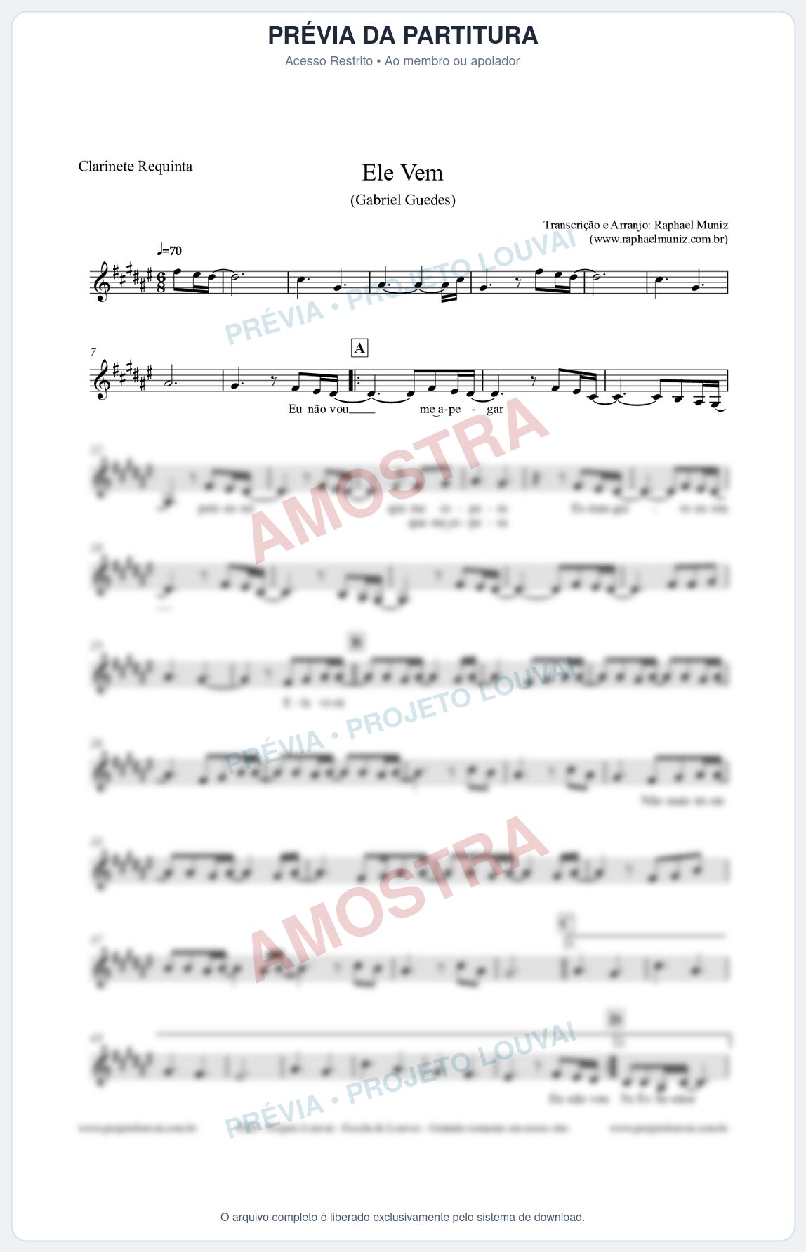 Prévia protegida da primeira página da partitura Partitura para Clarinete Requinta - Ele Vem (Tom A) - Gabriel Guedes
