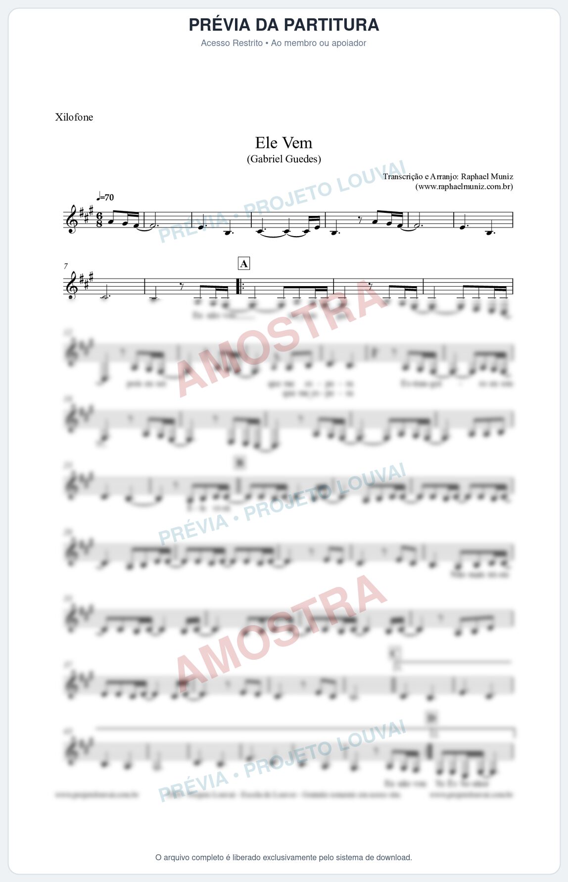 Prévia protegida da primeira página da partitura Partitura para Xilofone - Ele Vem (Tom A) - Gabriel Guedes