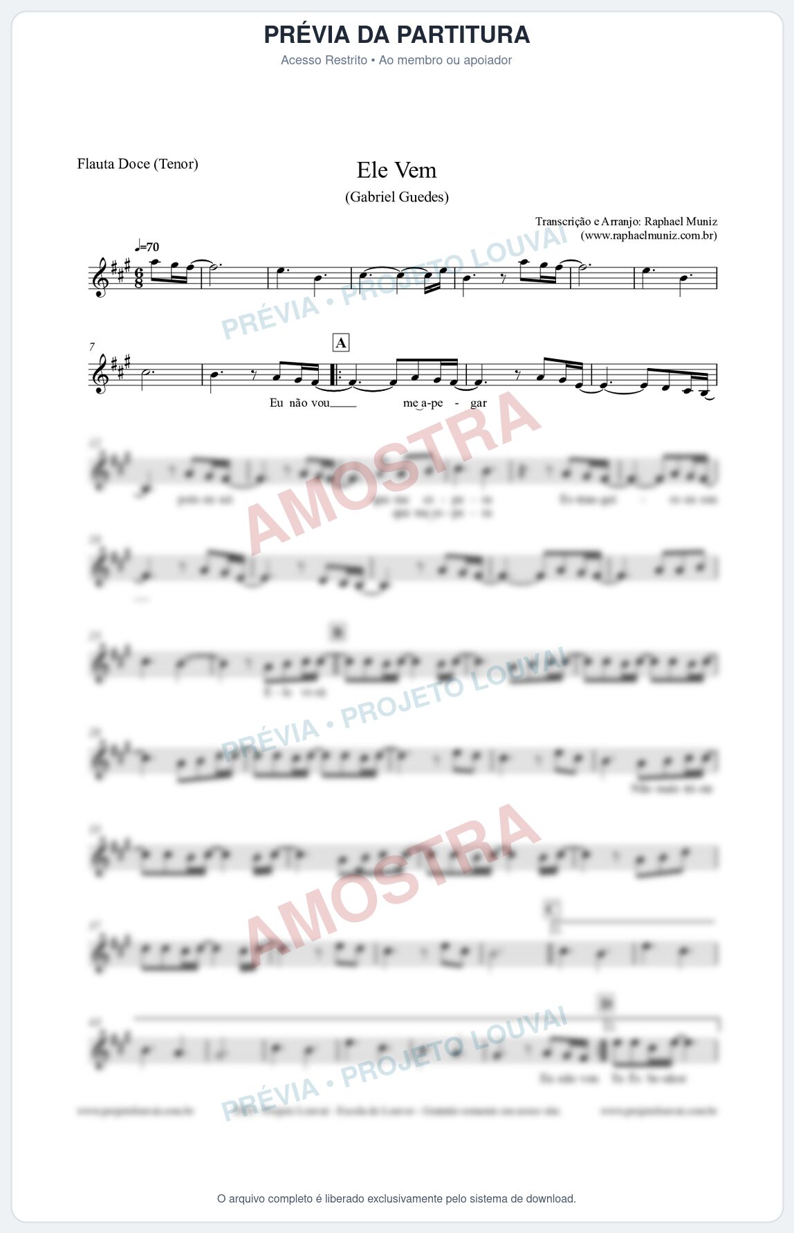 Prévia protegida da primeira página da partitura Partitura para Flauta Doce (Tenor) - Ele Vem (Tom A) - Gabriel Guedes