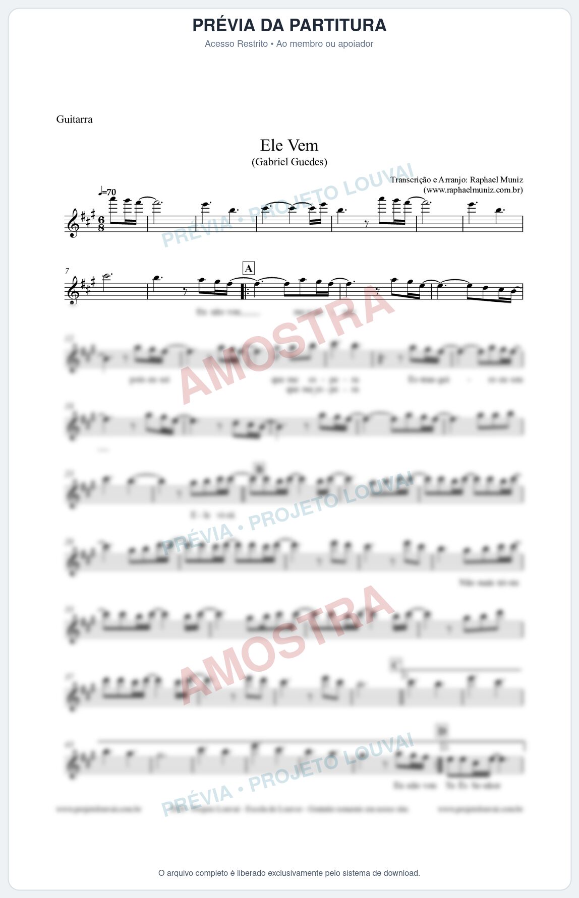 Prévia protegida da primeira página da partitura Partitura para Guitarra - Ele Vem (Tom A) - Gabriel Guedes