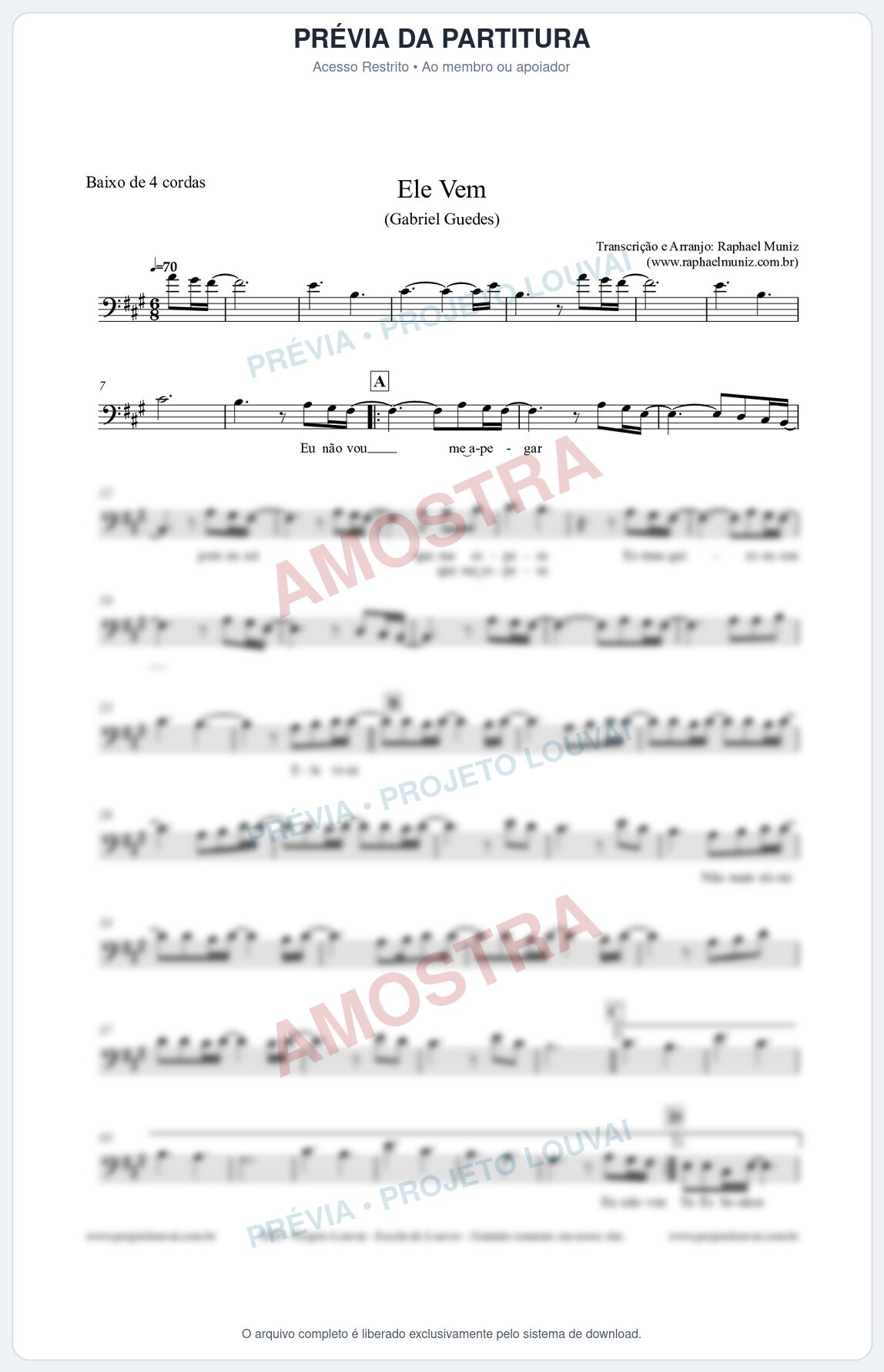 Prévia protegida da primeira página da partitura Partitura para Baixo de 4 cordas - Ele Vem (Tom A) - Gabriel Guedes