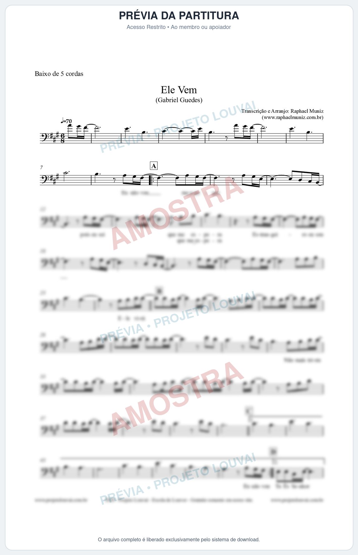 Prévia protegida da primeira página da partitura Partitura para Baixo de 5 cordas - Ele Vem (Tom A) - Gabriel Guedes