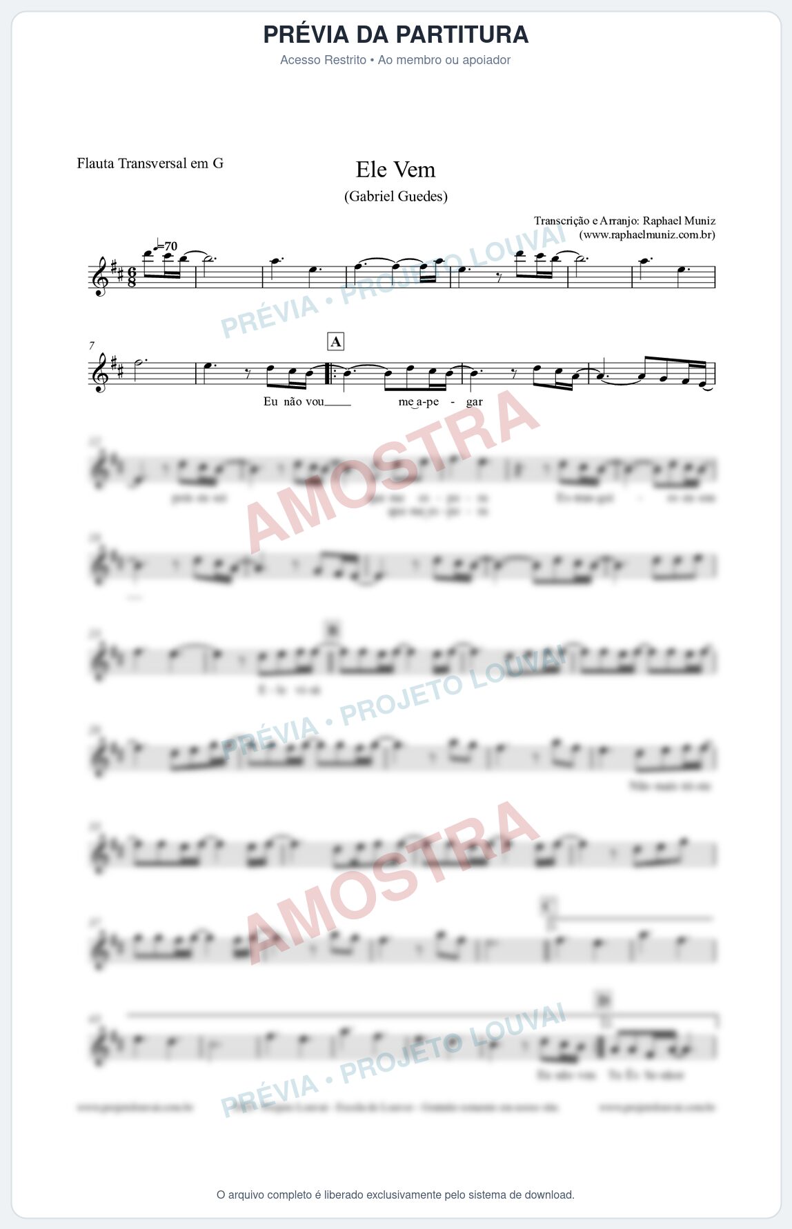 Prévia protegida da primeira página da partitura Partitura para Flauta Transversal em G - Ele Vem (Tom A) - Gabriel Guedes