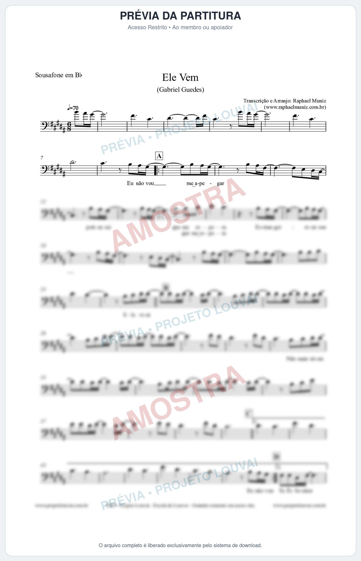 Prévia protegida da primeira página da partitura Partitura para Sousafone em Bb - Ele Vem (Tom A) - Gabriel Guedes