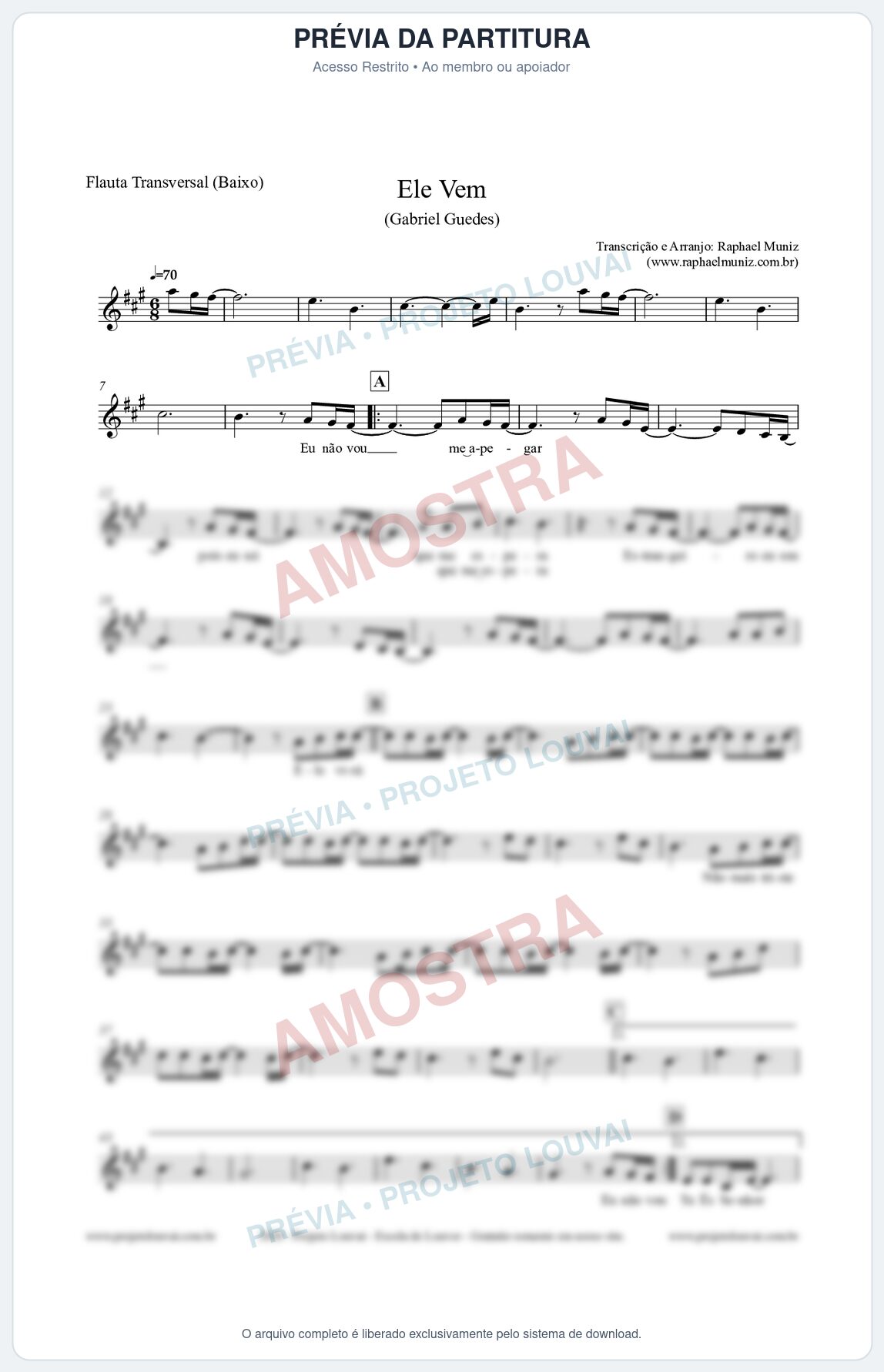Prévia protegida da primeira página da partitura Partitura para Flauta Transversal (Baixo) - Ele Vem (Tom A) - Gabriel Guedes
