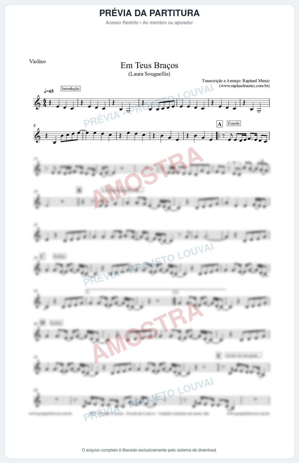 Prévia protegida da primeira página da partitura Partitura para Violino - Em Teus Braços - Laura Souguellis