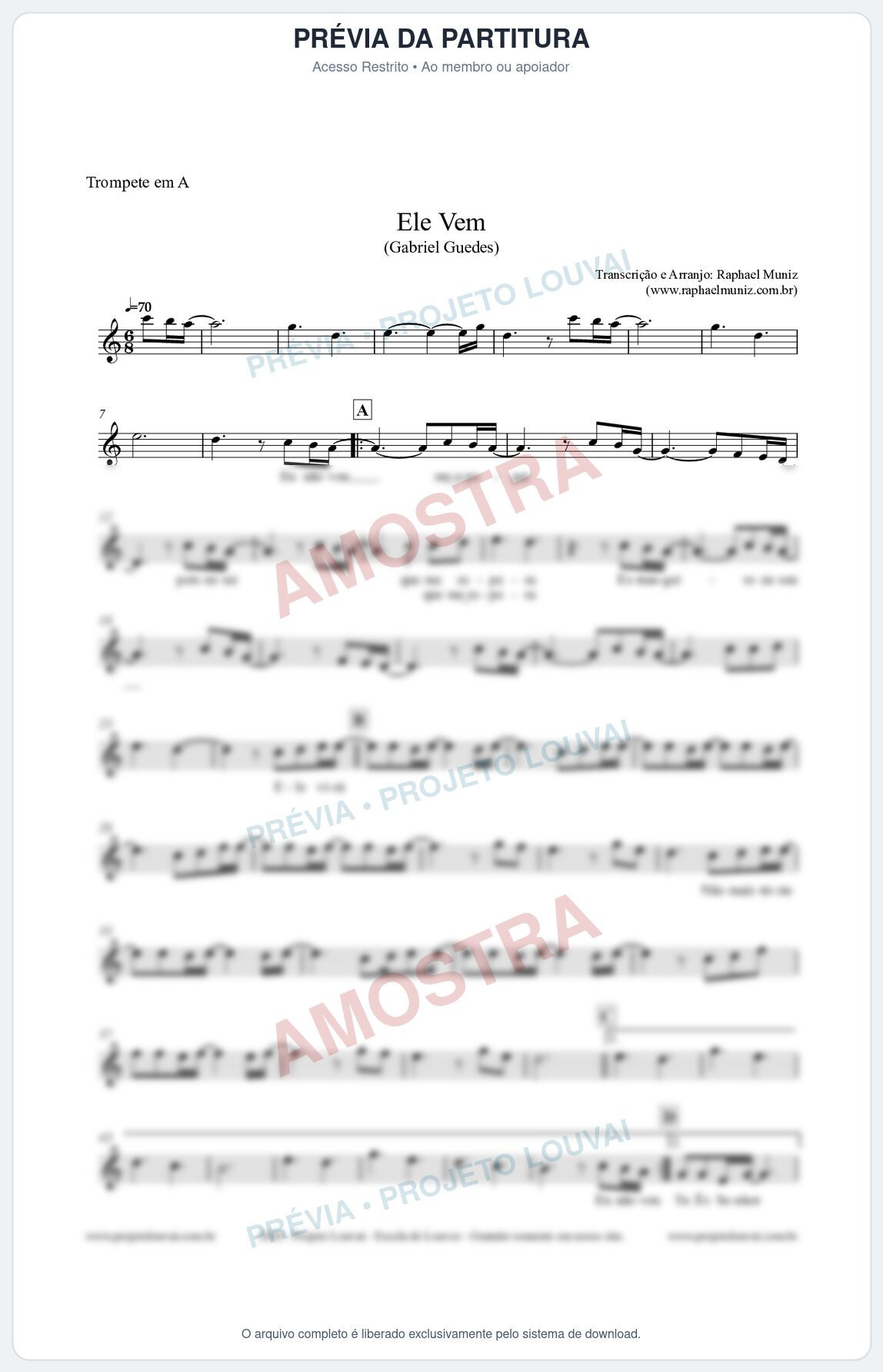 Prévia protegida da primeira página da partitura Partitura para Trompete em A - Ele Vem (Tom A) - Gabriel Guedes