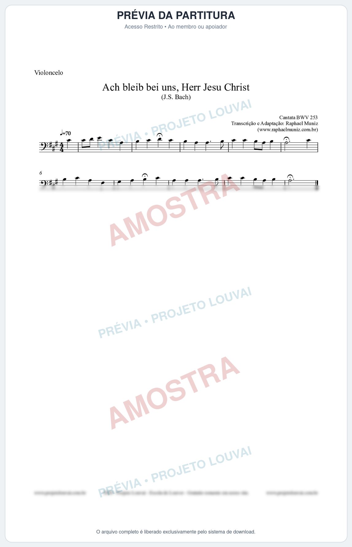 Prévia protegida da primeira página da partitura Partitura para Violoncelo - Ach bleib bei uns, Herr Jesu Christ (BWV 253) (Tom A) - Johann Sebastian Bach