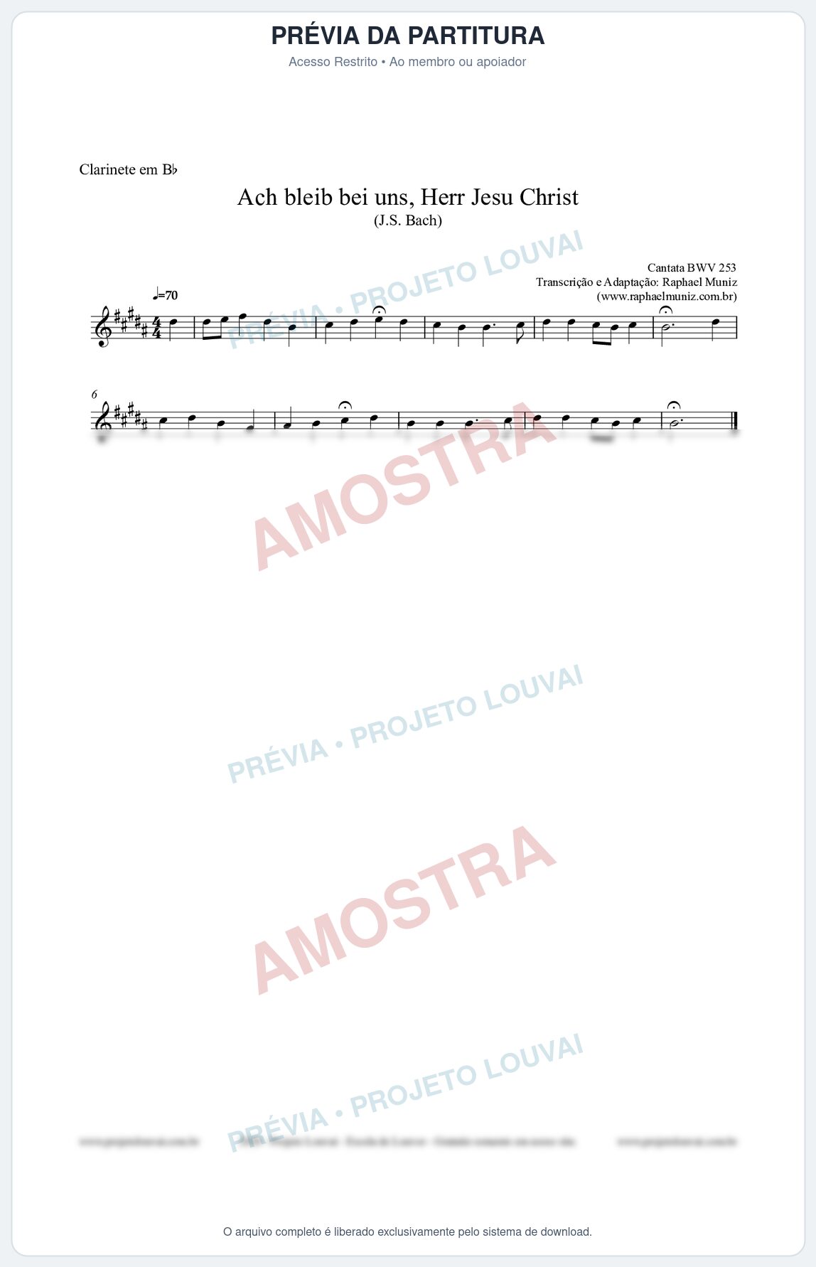 Prévia protegida da primeira página da partitura Partitura para Clarinete em Bb - Ach bleib bei uns, Herr Jesu Christ (BWV 253) (Tom A) - Johann Sebastian Bach