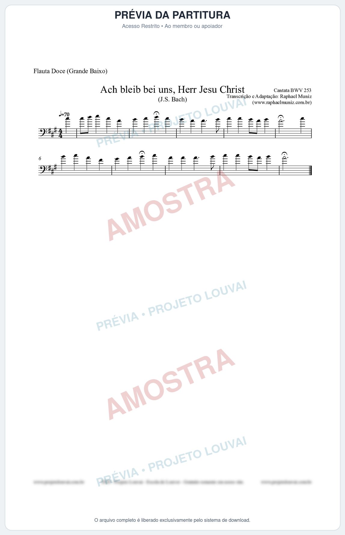 Prévia protegida da primeira página da partitura Partitura para Flauta Doce (Grande Baixo) - Ach bleib bei uns, Herr Jesu Christ (BWV 253) (Tom A) - Johann Sebastian Bach