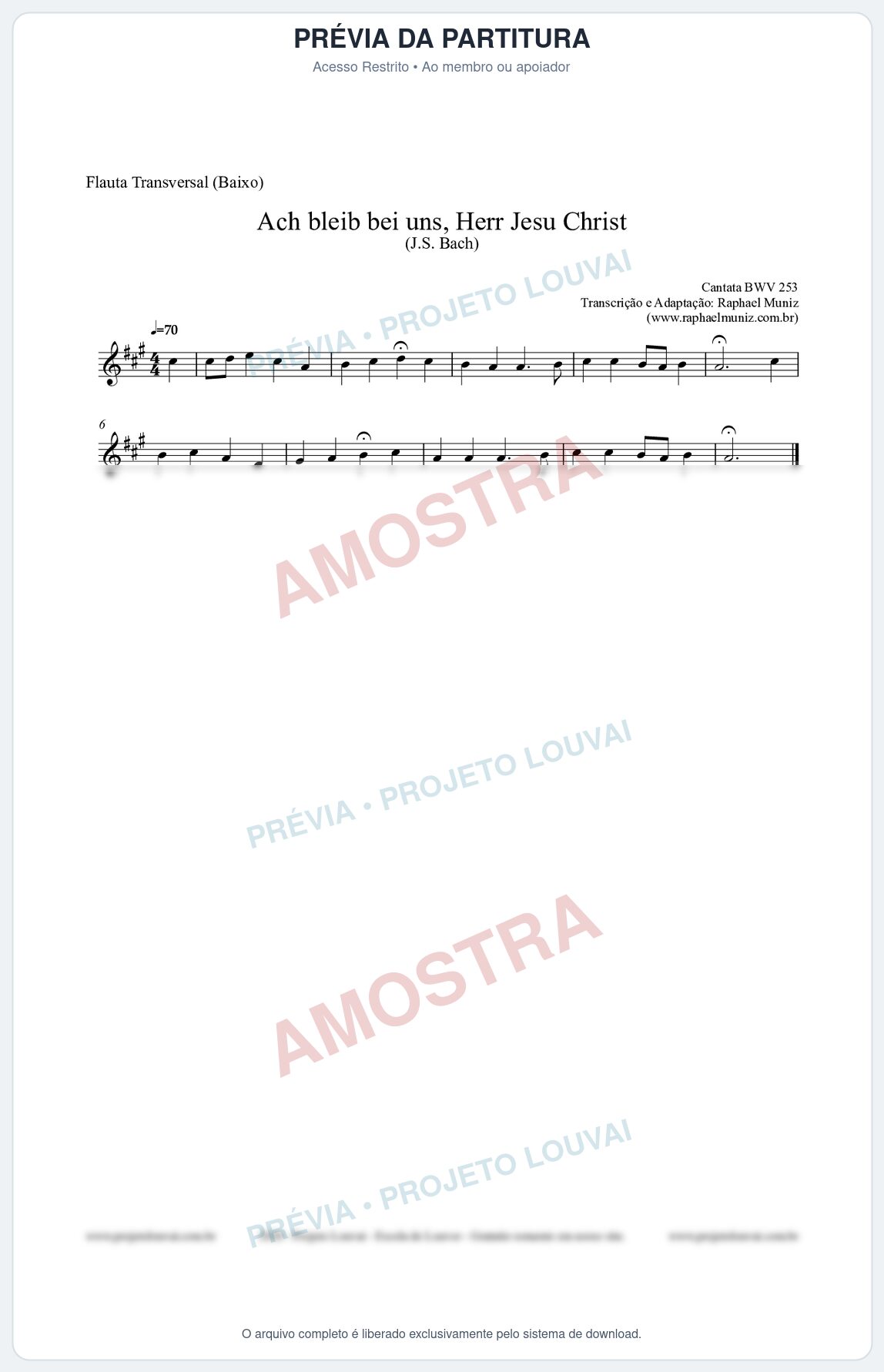 Prévia protegida da primeira página da partitura Partitura para Flauta Transversal (Baixo) - Ach bleib bei uns, Herr Jesu Christ (BWV 253) (Tom A) - Johann Sebastian Bach