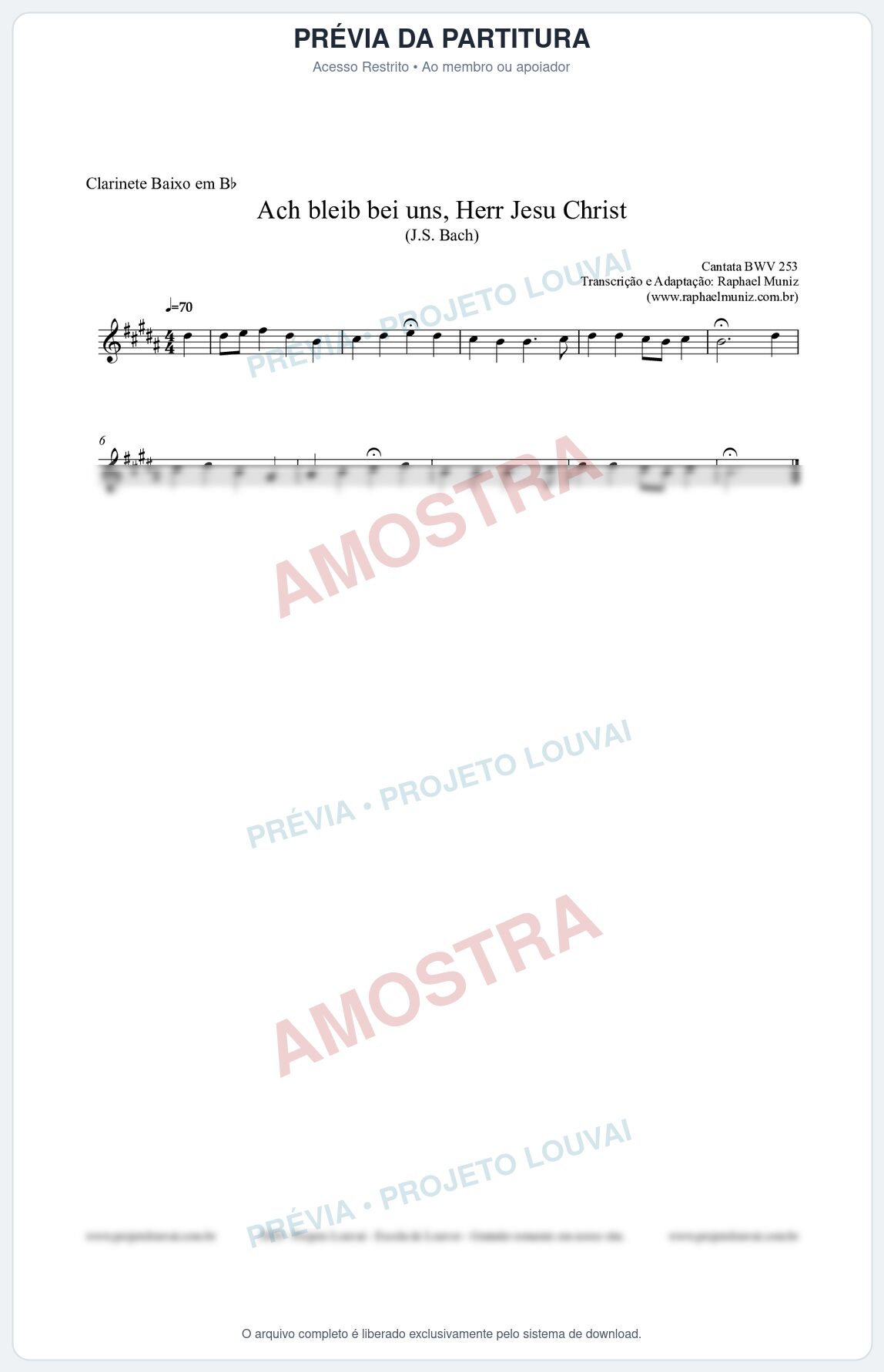 Prévia protegida da primeira página da partitura Partitura para Clarinete Baixo em Bb - Ach bleib bei uns, Herr Jesu Christ (BWV 253) (Tom A) - Johann Sebastian Bach
