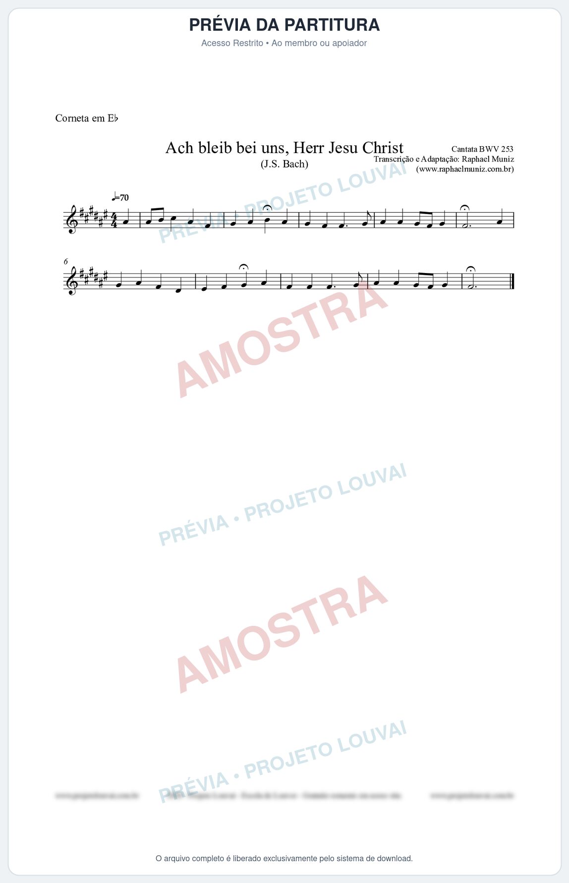 Prévia protegida da primeira página da partitura Partitura para Corneta em Eb - Ach bleib bei uns, Herr Jesu Christ (BWV 253) (Tom A) - Johann Sebastian Bach