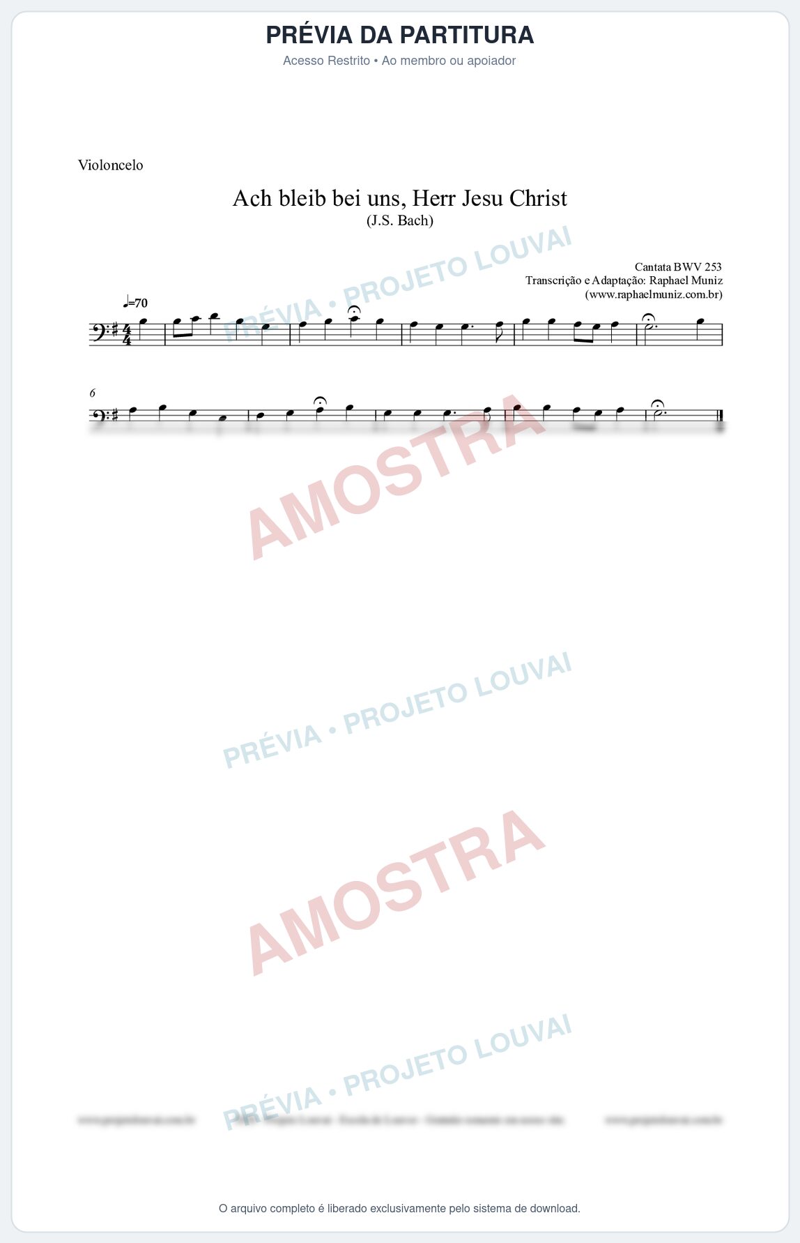 Prévia protegida da primeira página da partitura Partitura para Violoncelo - Ach bleib bei uns, Herr Jesu Christ (BWV 253) (Tom G) - Johann Sebastian Bach