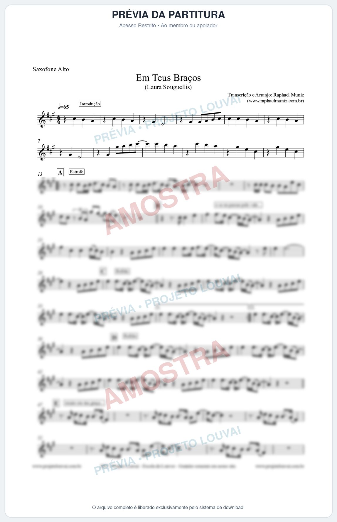 Prévia protegida da primeira página da partitura Partitura para Sax Alto - Em Teus Braços - Laura Souguellis