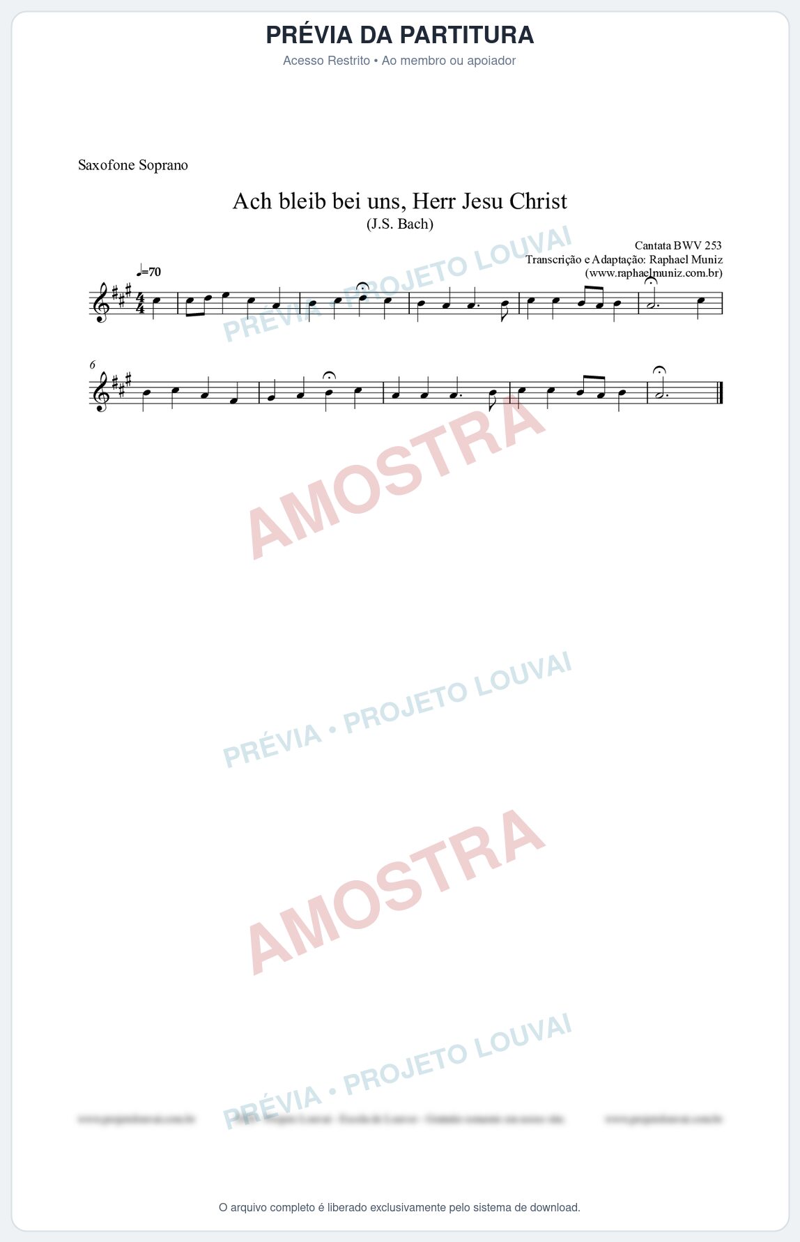 Prévia protegida da primeira página da partitura Partitura para Saxofone Soprano - Ach bleib bei uns, Herr Jesu Christ (BWV 253) (Tom G) - Johann Sebastian Bach