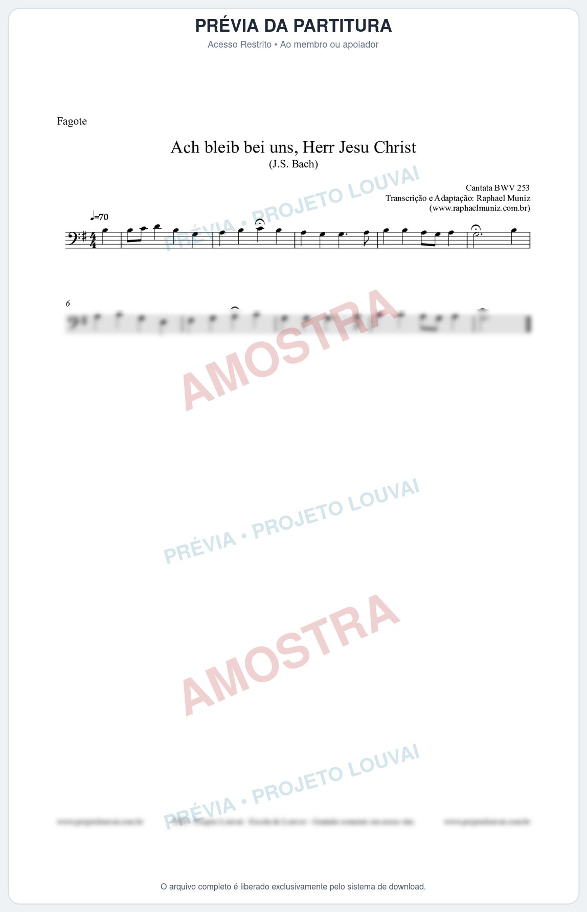 Prévia protegida da primeira página da partitura Partitura para Fagote - Ach bleib bei uns, Herr Jesu Christ (BWV 253) (Tom G) - Johann Sebastian Bach
