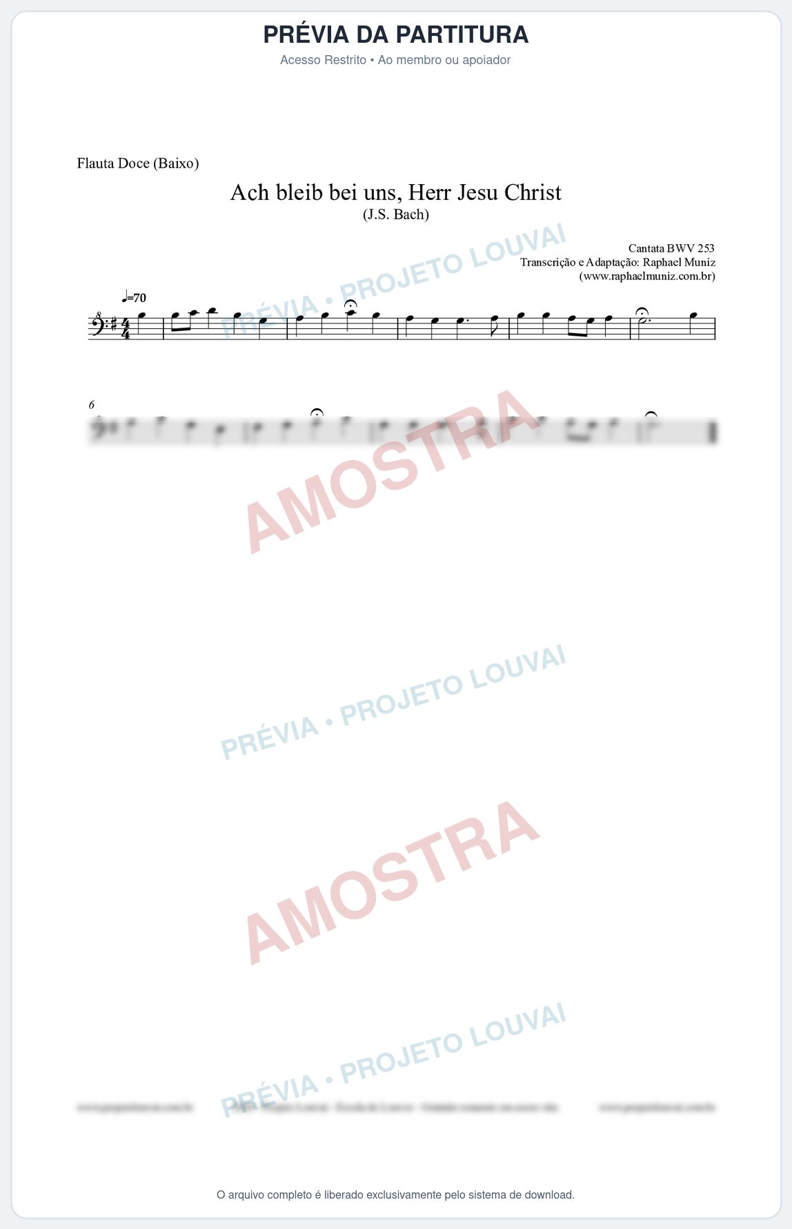 Prévia protegida da primeira página da partitura Partitura para Flauta Doce (Baixo) - Ach bleib bei uns, Herr Jesu Christ (BWV 253) (Tom G) - Johann Sebastian Bach