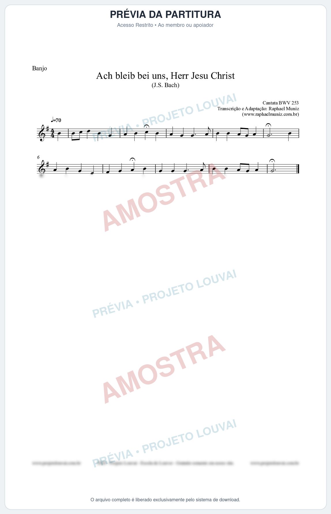 Prévia protegida da primeira página da partitura Partitura para Banjo - Ach bleib bei uns, Herr Jesu Christ (BWV 253) (Tom G) - Johann Sebastian Bach