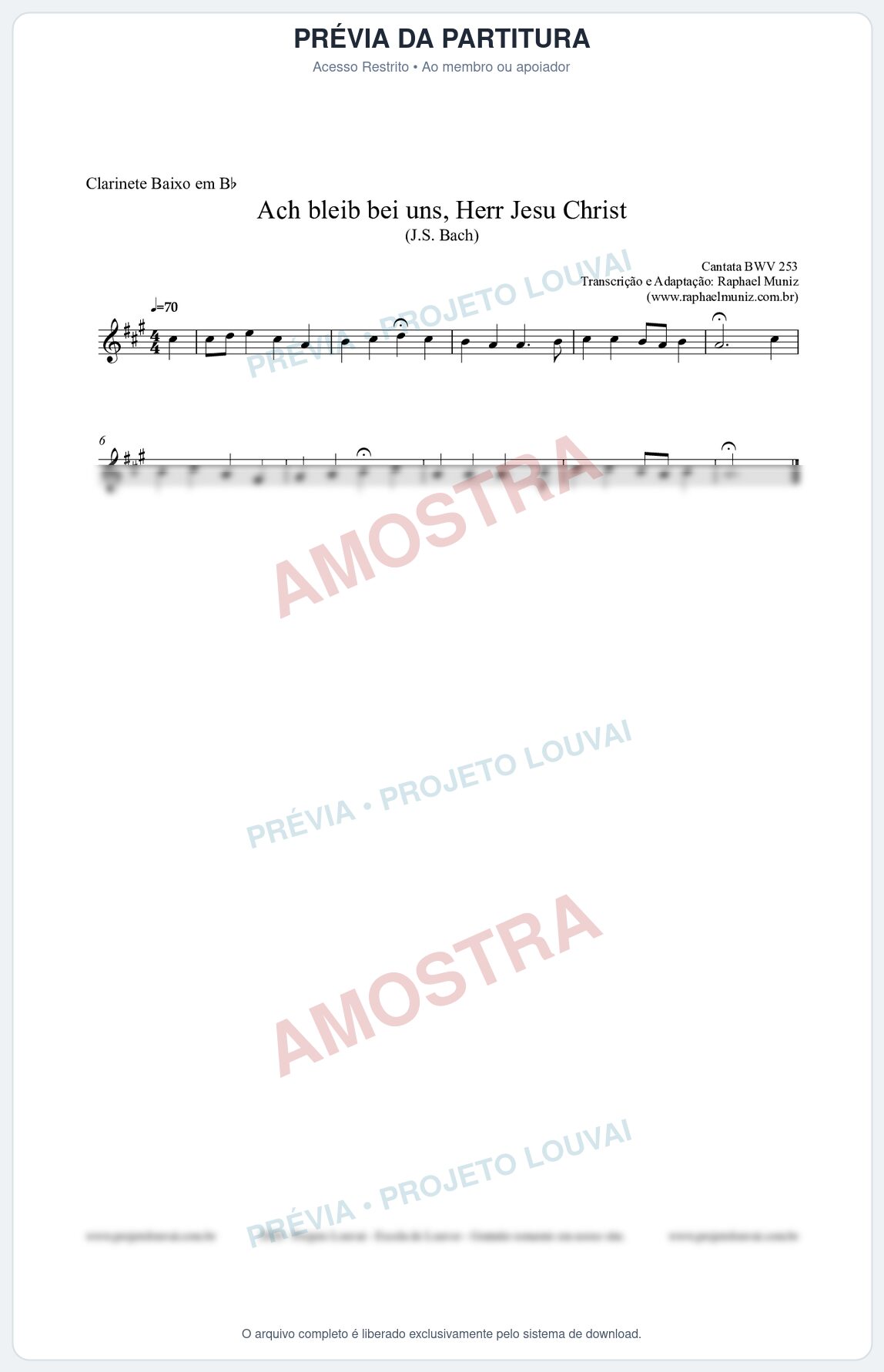 Prévia protegida da primeira página da partitura Partitura para Clarinete Baixo em Bb - Ach bleib bei uns, Herr Jesu Christ (BWV 253) (Tom G) - Johann Sebastian Bach