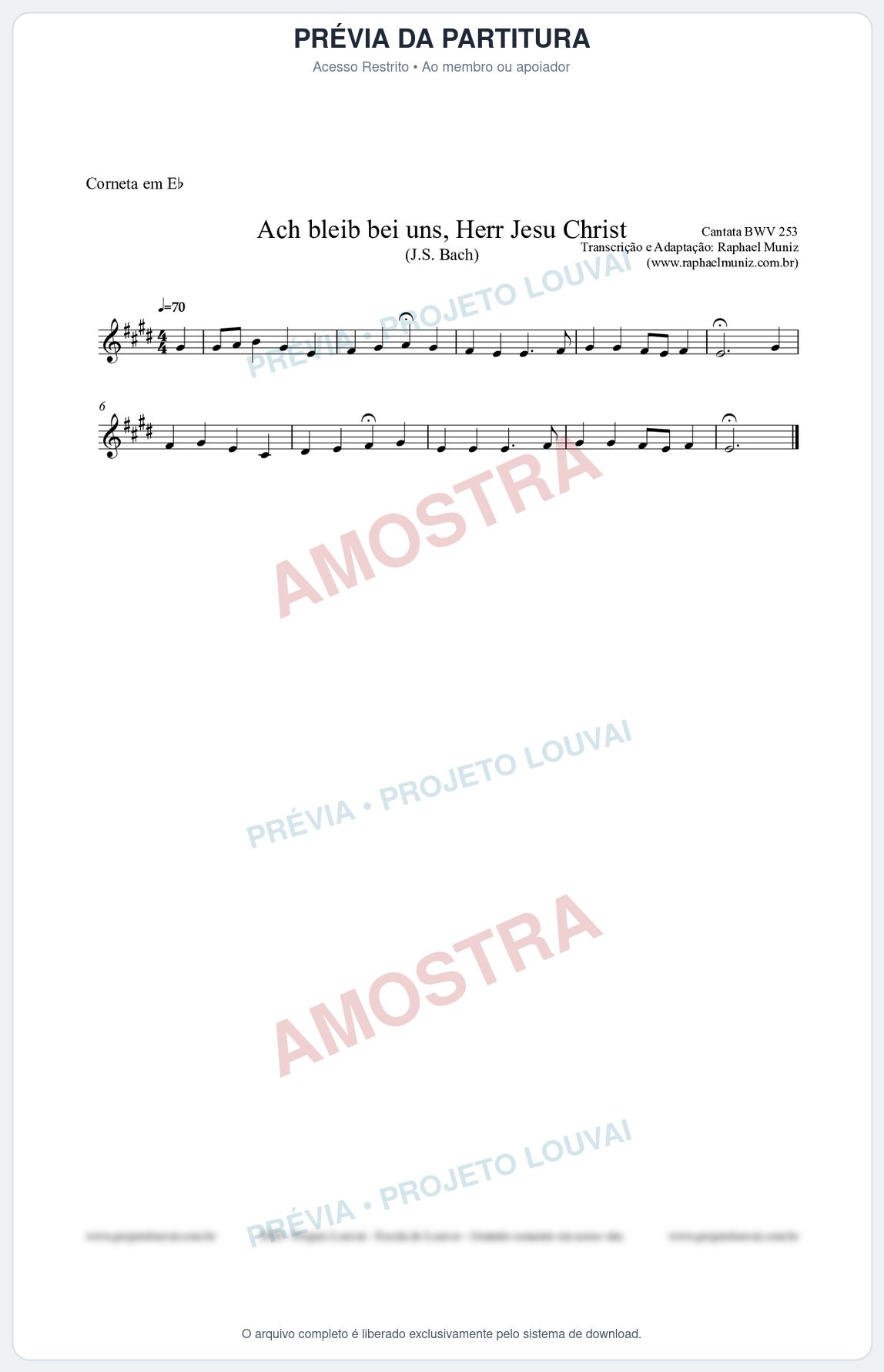 Prévia protegida da primeira página da partitura Partitura para Corneta em Eb - Ach bleib bei uns, Herr Jesu Christ (BWV 253) (Tom G) - Johann Sebastian Bach