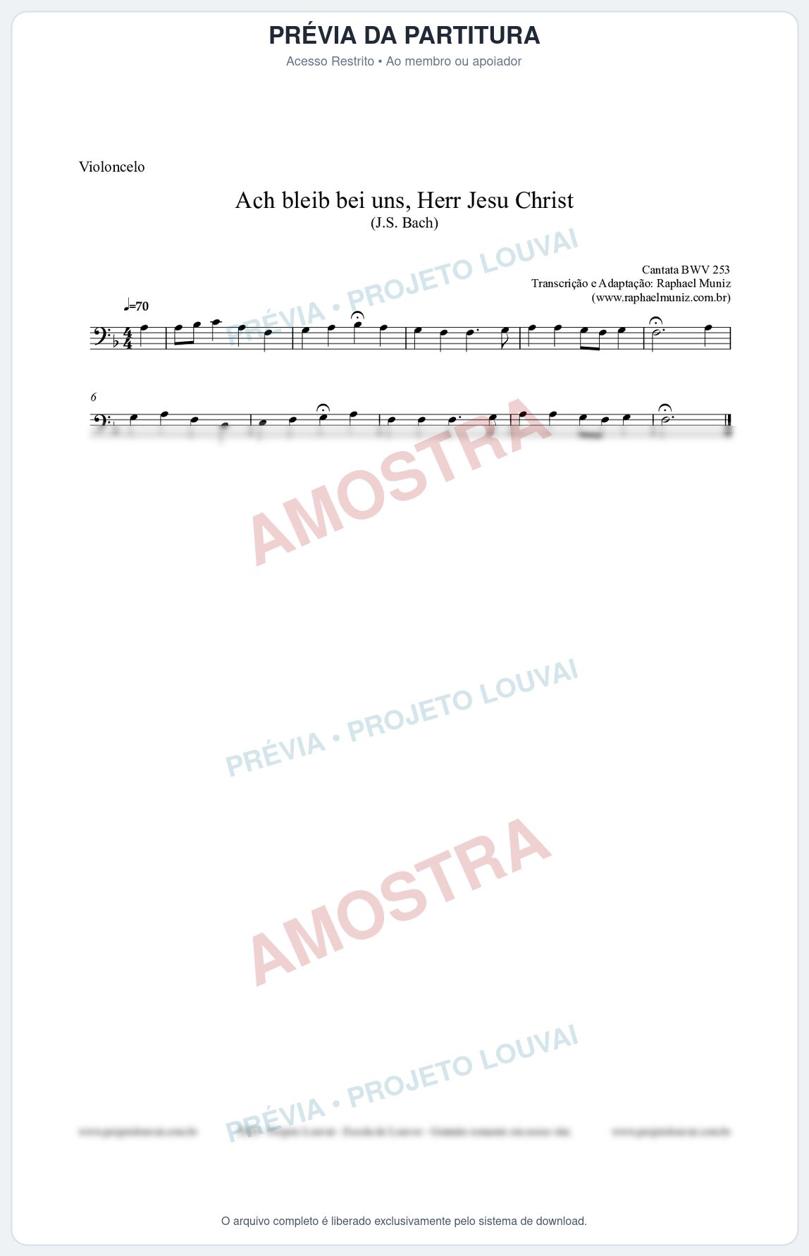 Prévia protegida da primeira página da partitura Partitura para Violoncelo - Ach bleib bei uns, Herr Jesu Christ (BWV 253) (Tom F) - Johann Sebastian Bach