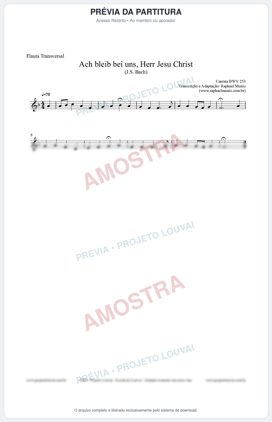 Prévia protegida da primeira página da partitura Partitura para Flauta Transversal - Ach bleib bei uns, Herr Jesu Christ (BWV 253) (Tom F) - Johann Sebastian Bach