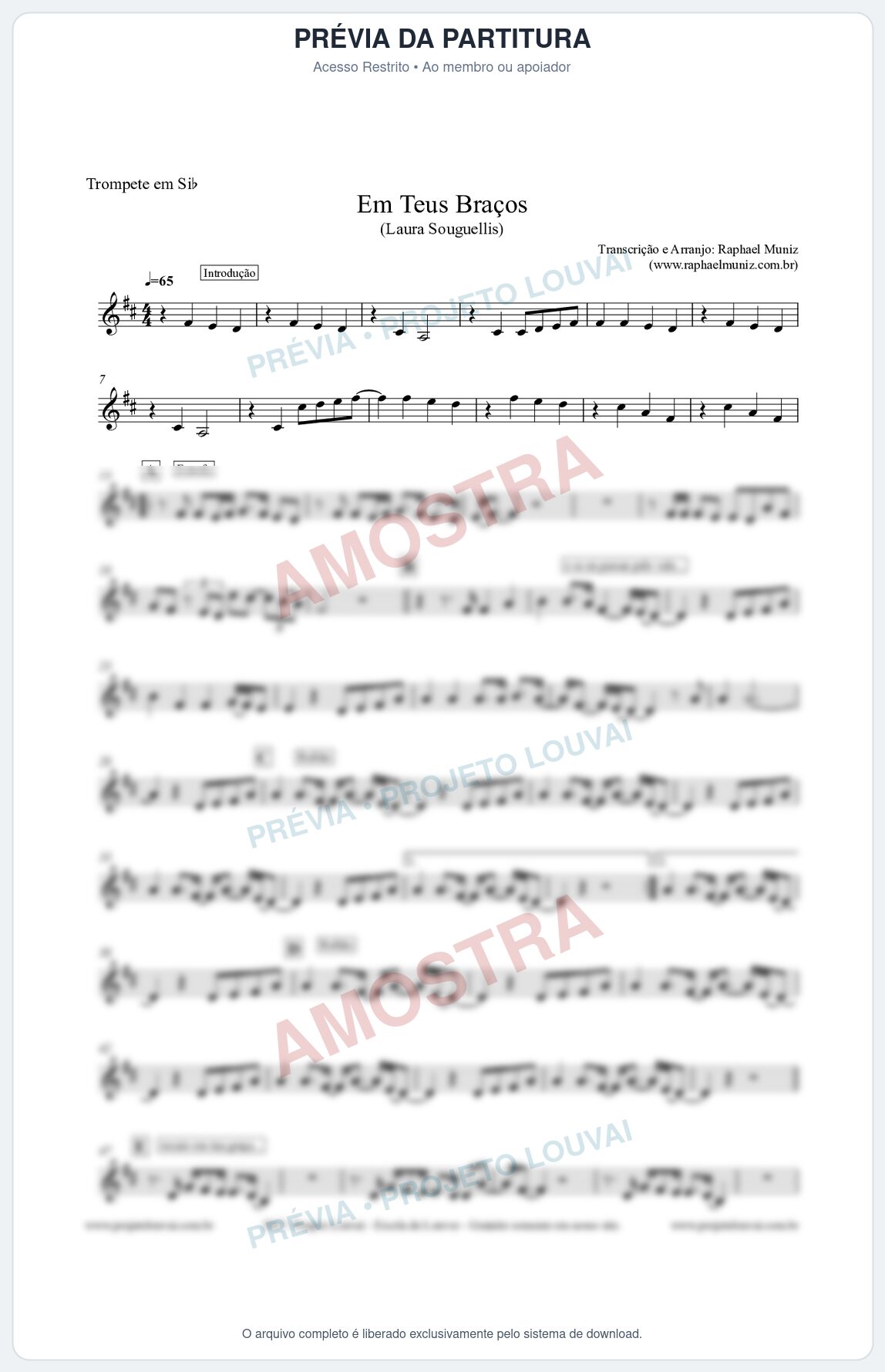 Prévia protegida da primeira página da partitura Partitura para Trompete - Em Teus Braços - Laura Souguellis