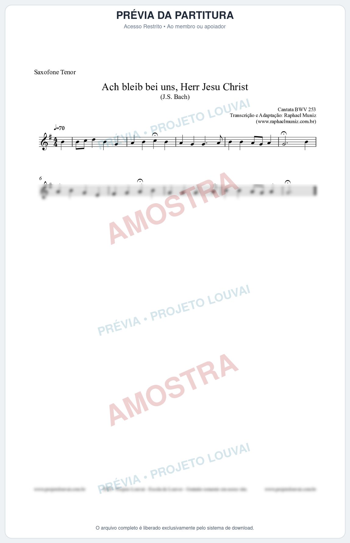Prévia protegida da primeira página da partitura Partitura para Saxofone Tenor - Ach bleib bei uns, Herr Jesu Christ (BWV 253) (Tom F) - Johann Sebastian Bach