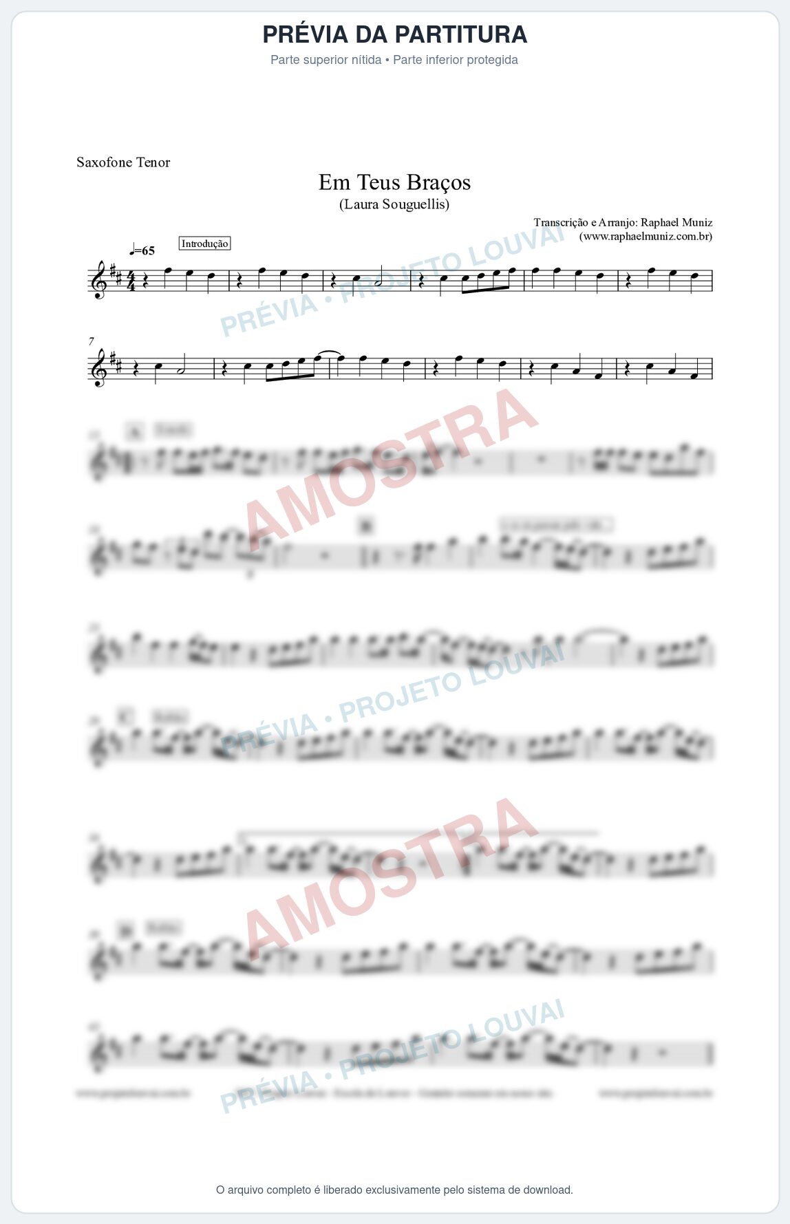 Prévia protegida da primeira página da partitura Partitura para Sax Tenor - Em Teus Braços - Laura Souguellis