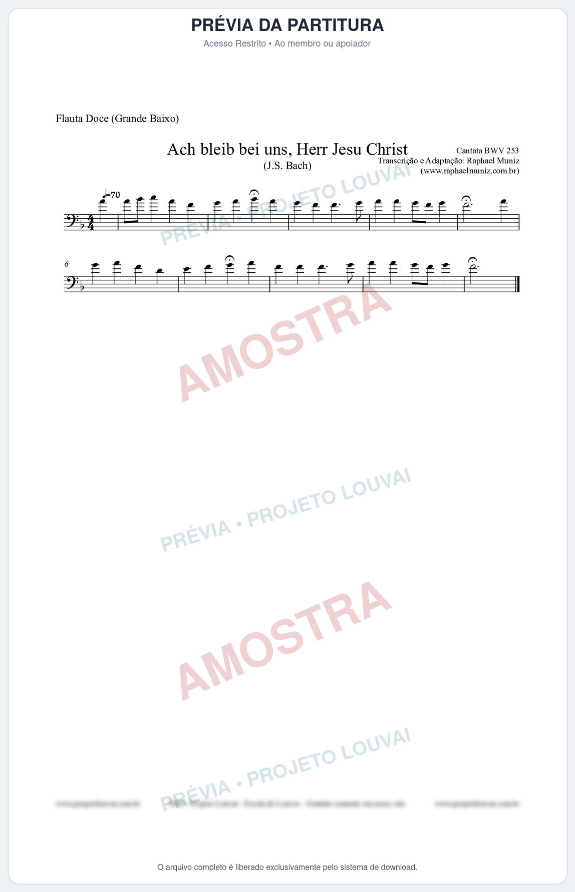 Prévia protegida da primeira página da partitura Partitura para Flauta Doce (Grande Baixo) - Ach bleib bei uns, Herr Jesu Christ (BWV 253) (Tom F) - Johann Sebastian Bach