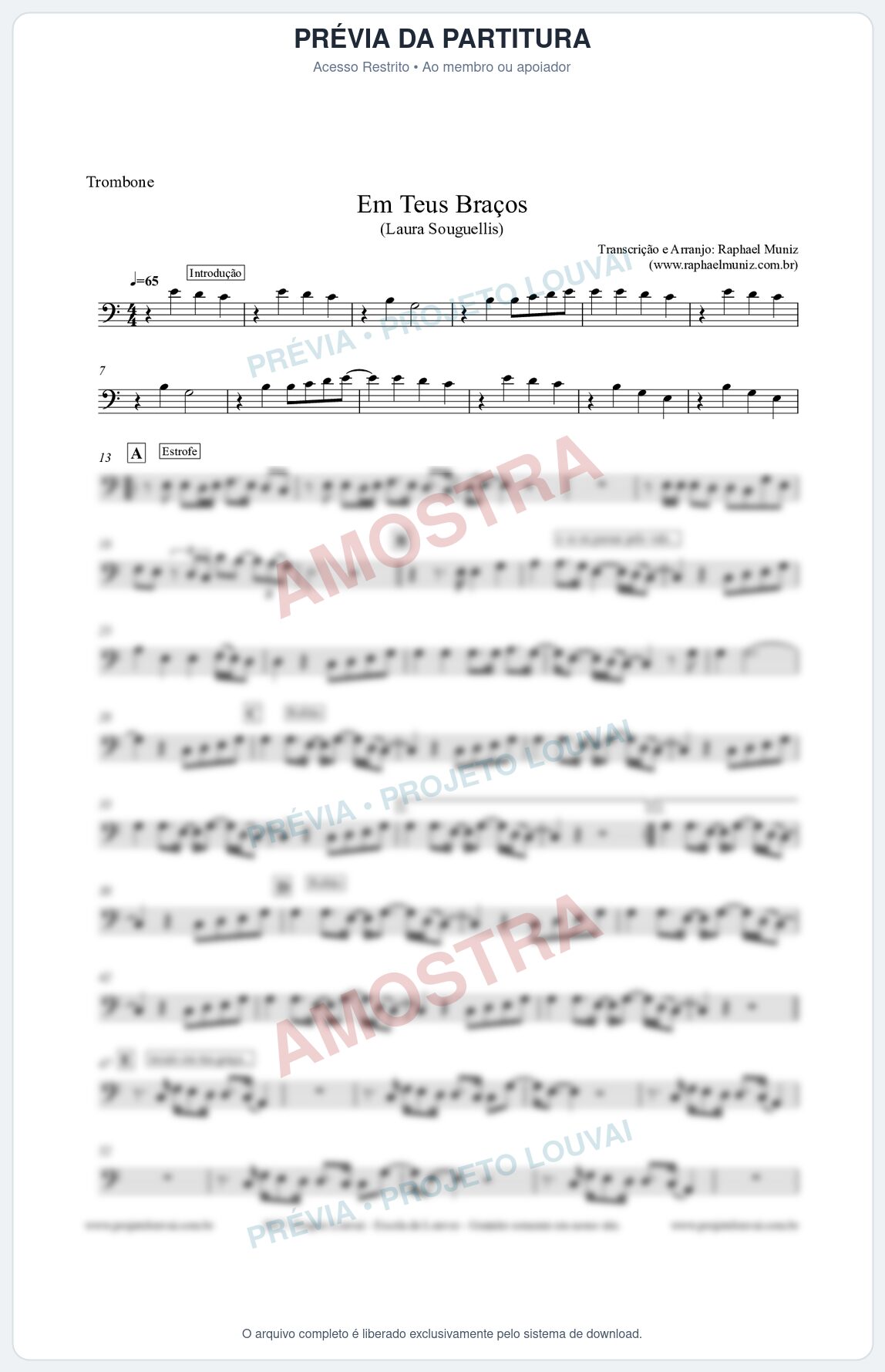 Prévia protegida da primeira página da partitura Partitura para Trombone - Em Teus Braços - Laura Souguellis