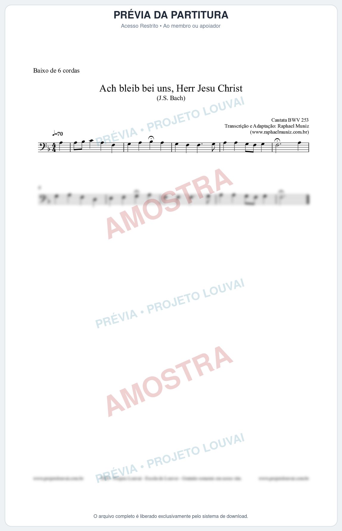 Prévia protegida da primeira página da partitura Partitura para Baixo de 6 cordas - Ach bleib bei uns, Herr Jesu Christ (BWV 253) (Tom F) - Johann Sebastian Bach