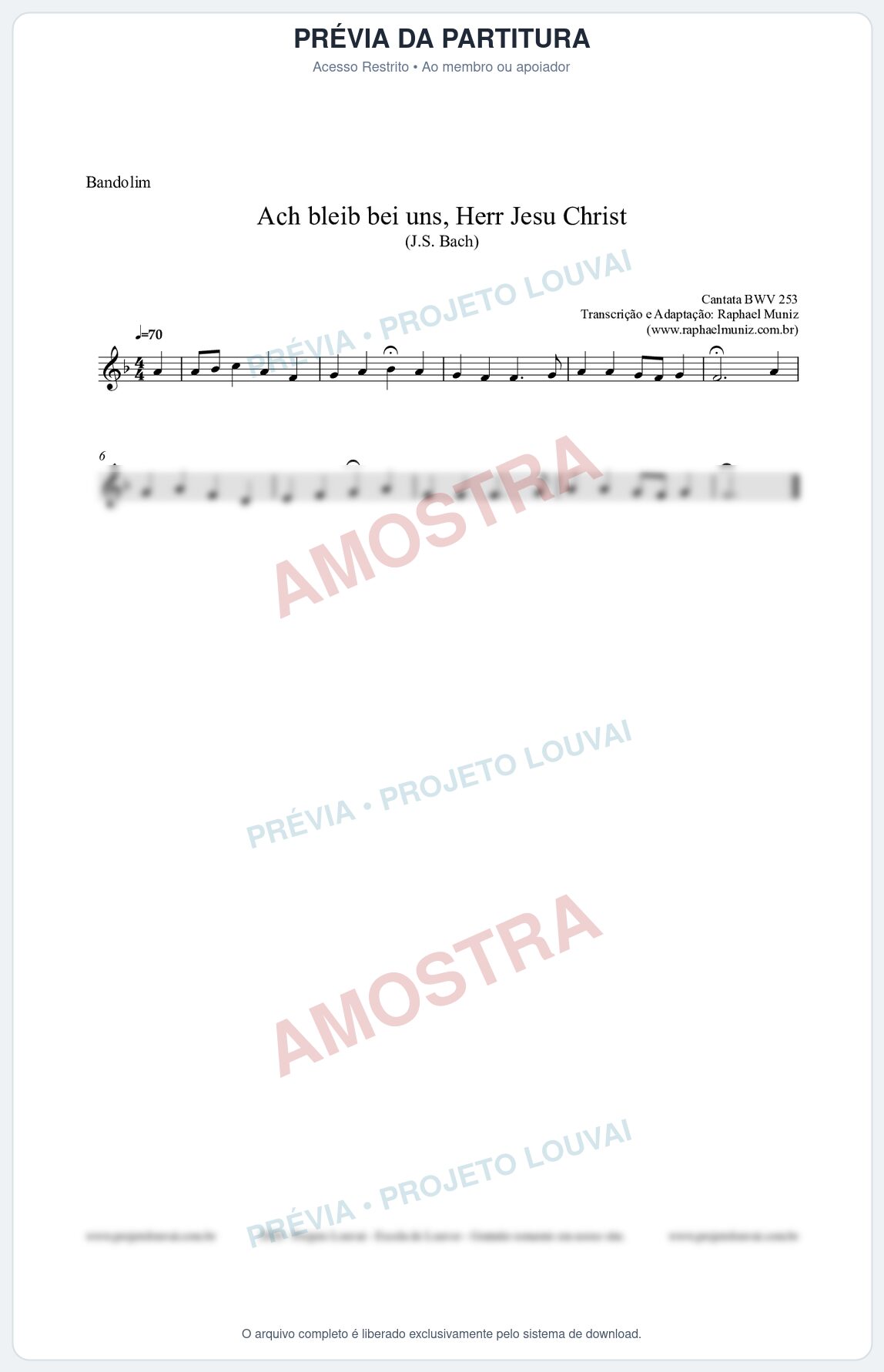 Prévia protegida da primeira página da partitura Partitura para Bandolim - Ach bleib bei uns, Herr Jesu Christ (BWV 253) (Tom F) - Johann Sebastian Bach
