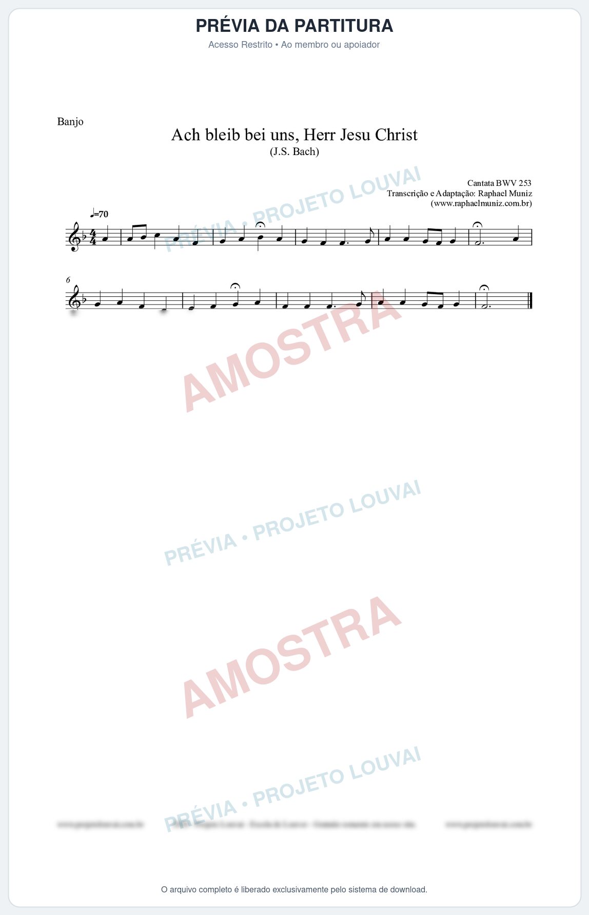 Prévia protegida da primeira página da partitura Partitura para Banjo - Ach bleib bei uns, Herr Jesu Christ (BWV 253) (Tom F) - Johann Sebastian Bach
