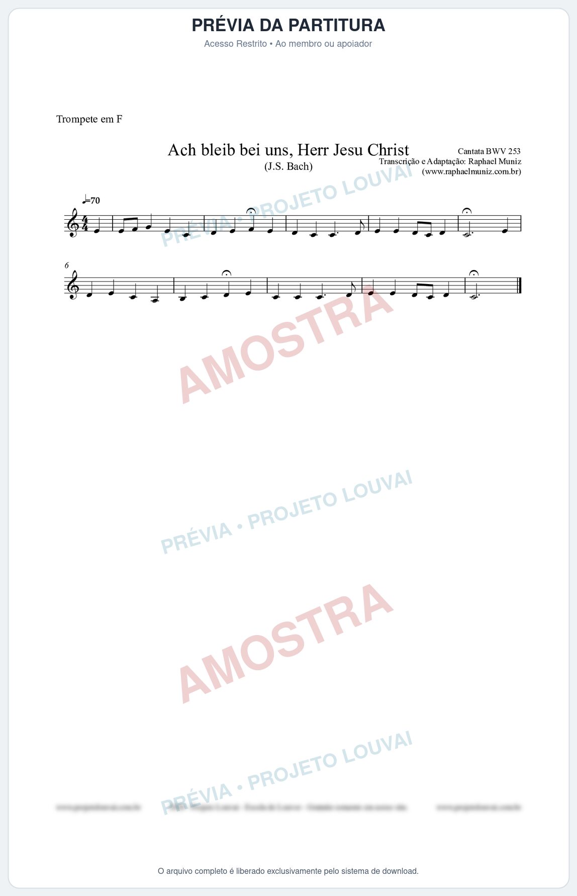 Prévia protegida da primeira página da partitura Partitura para Trompete em F - Ach bleib bei uns, Herr Jesu Christ (BWV 253) (Tom F) - Johann Sebastian Bach