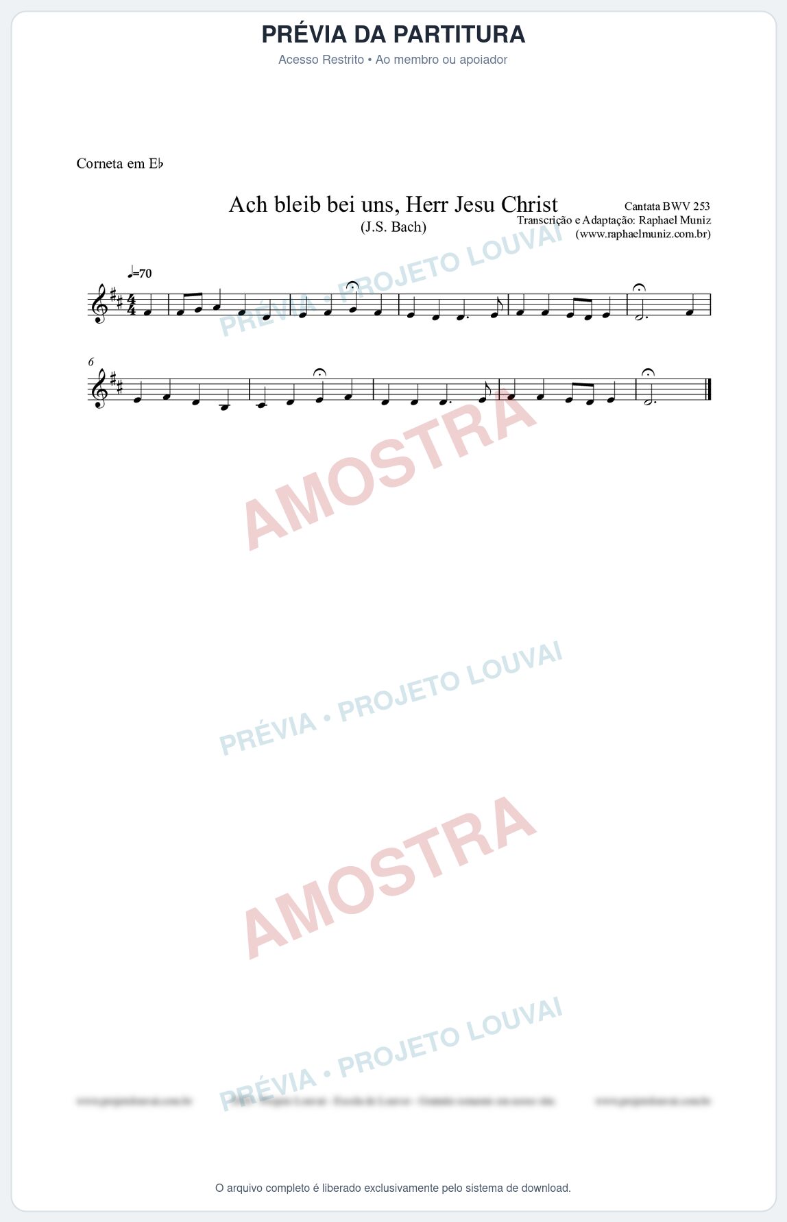 Prévia protegida da primeira página da partitura Partitura para Corneta em Eb - Ach bleib bei uns, Herr Jesu Christ (BWV 253) (Tom F) - Johann Sebastian Bach